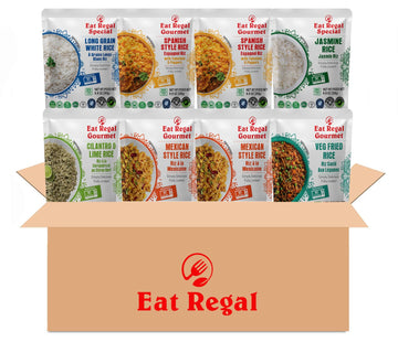 Eat Regal Heat & Eat Rice Variety Pack - 8.8 oz x 8 Pouches - 6 Flavors: Spanish (2x), Mexican (2x), Long Grain White (1x), Cila