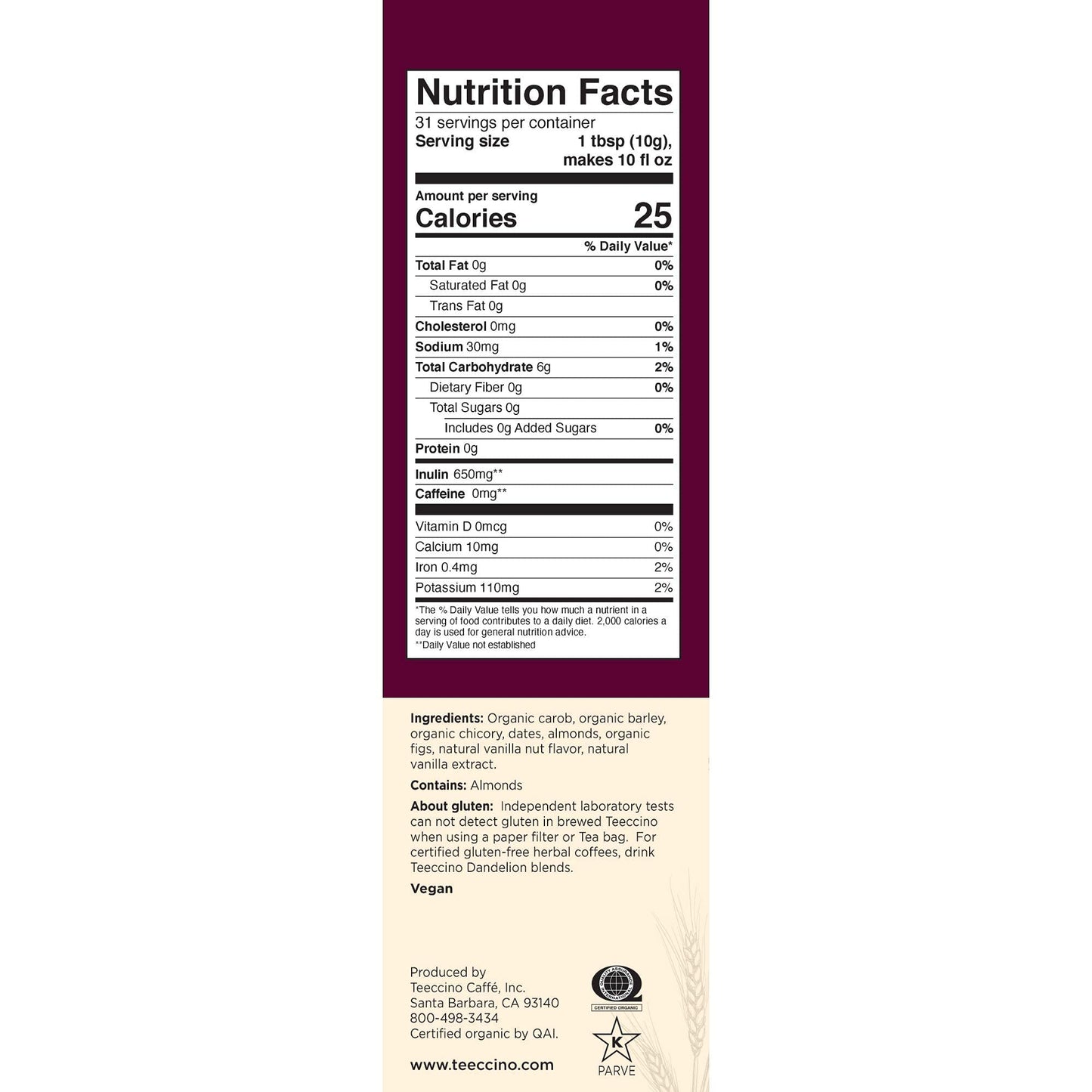 Teeccino Vanilla Nut Chicory Coffee Alternative, Ground Herbal Coffee, Caffeine Free, Medium Roast, 11 Ounce (Pack of 3)