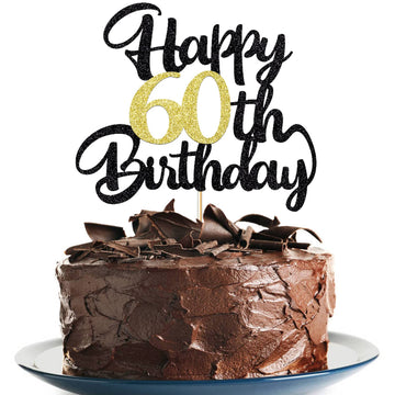 60Th Happy Birthday Cake Topper Happy Birthday Cake Decoration Party Decoration Gift Plug-In Photo Prop Plug-In Black Gold Glitt