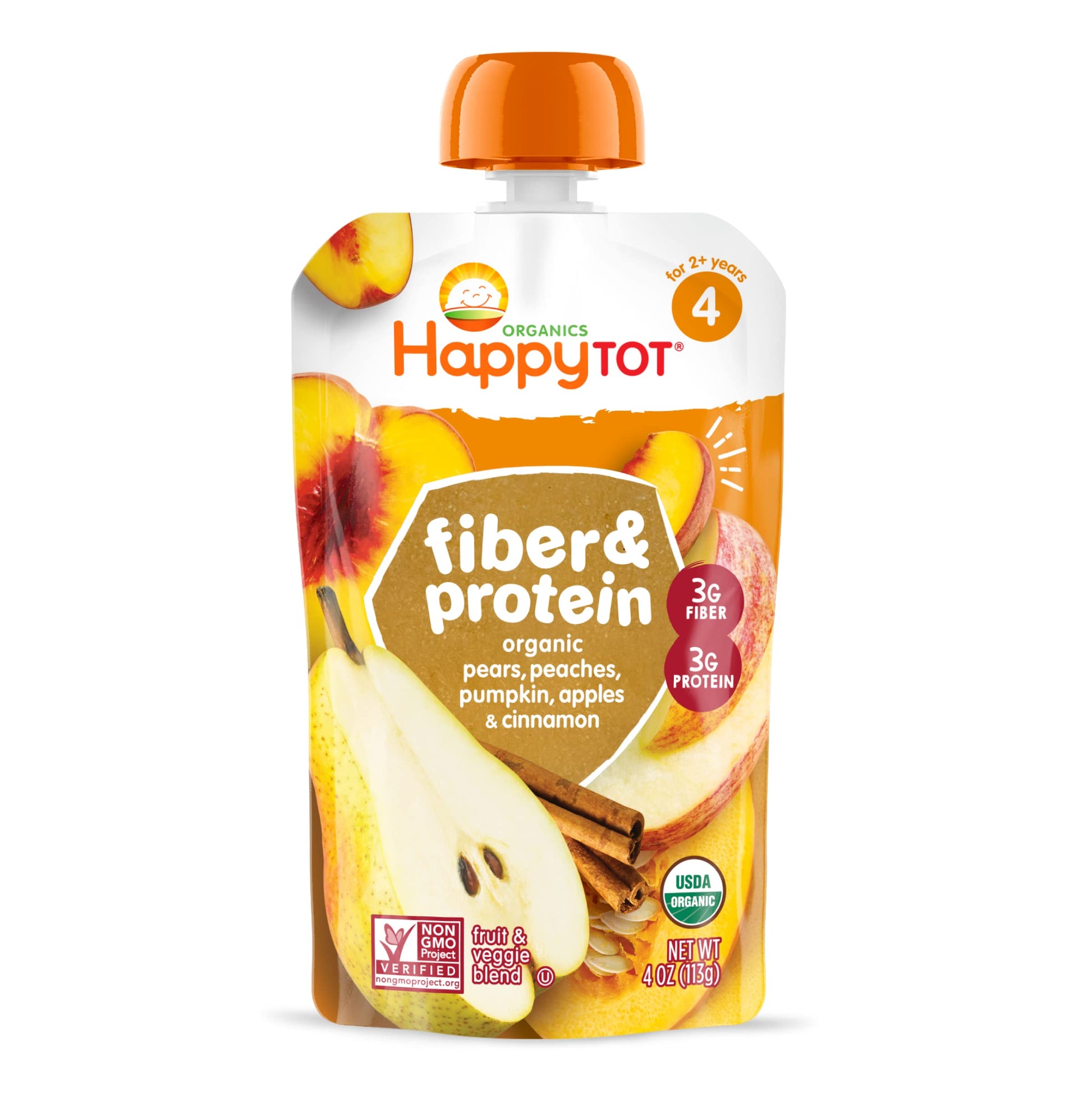 Happy Tot Organics Stage 4 Baby Food Pouches, Gluten Free, Vegan Snack, Fiber & Protein Fruit & Veggie Puree, Apples, Peaches, P