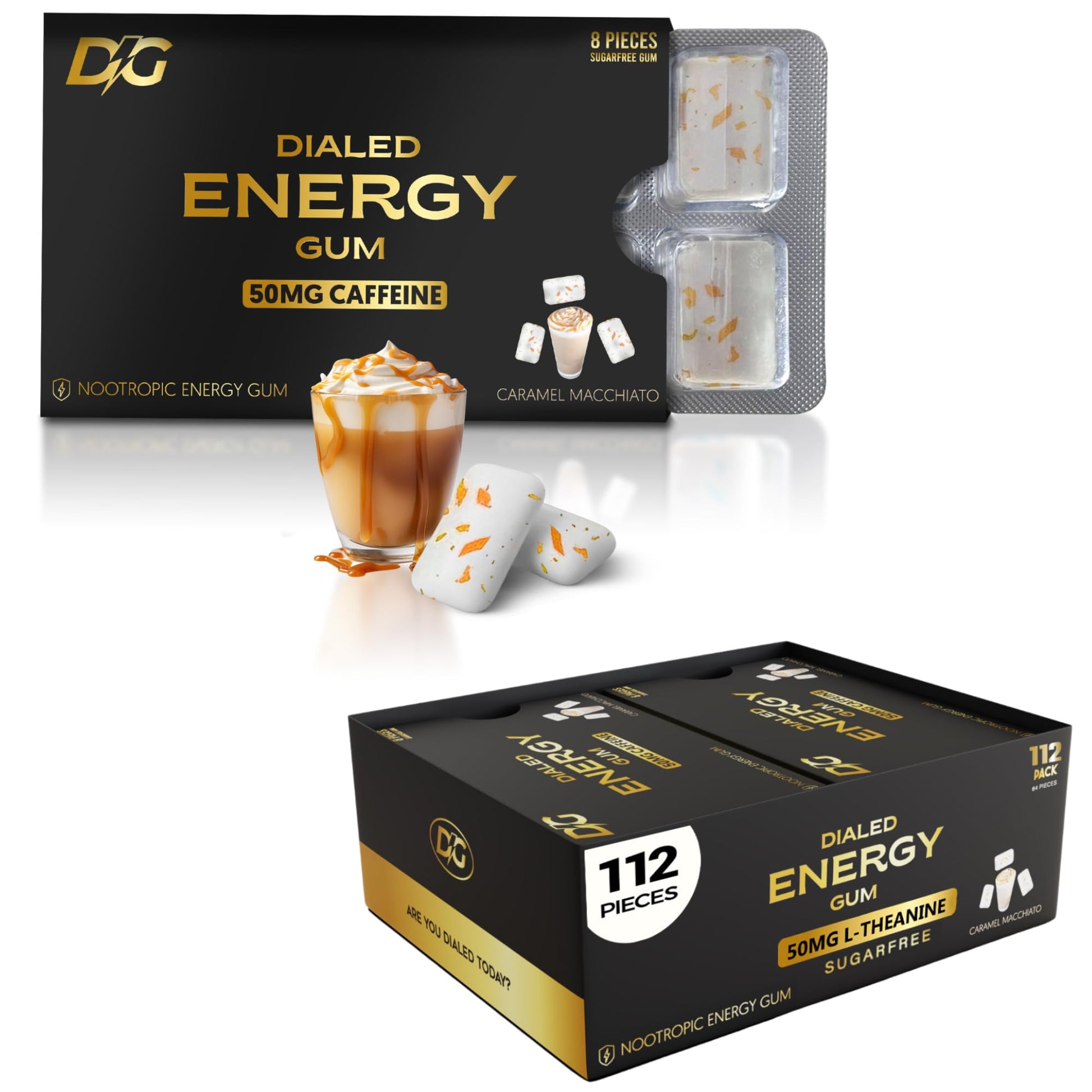 Dialed Gum Caffeine Gum - Sugar Free, 50mg Caffeine, 112 Pieces, Caramel Macchiato, Aspartame Free, 0 Calories, Nootropic Energy