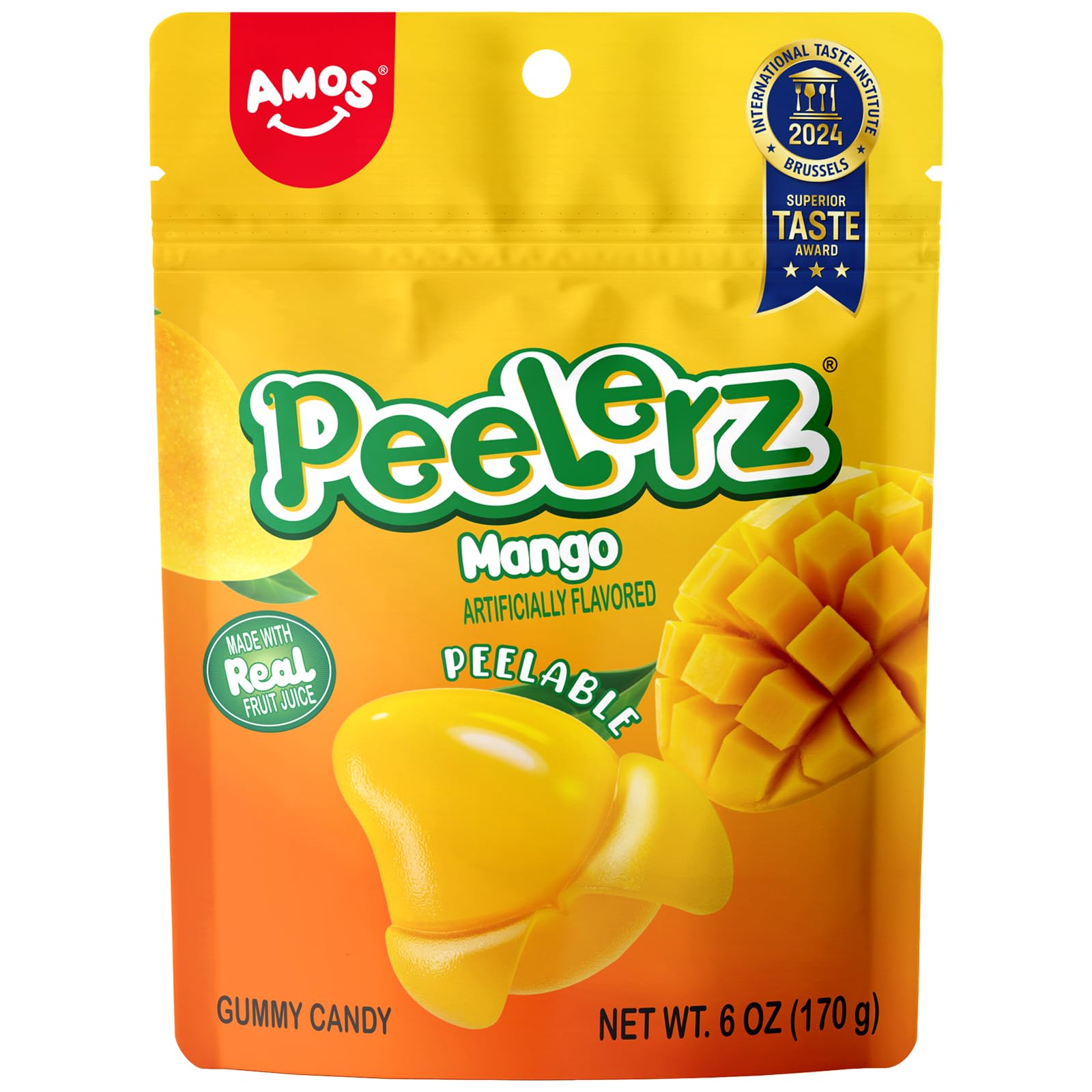 AMOS Peelerz Mango Peelable Gummy Candy  6oz (170g) - Peelable Gummy Made with Real Fruit Juice  Resealable Bag  Fun Peeling Candy Snack for Kids and mature-themeds