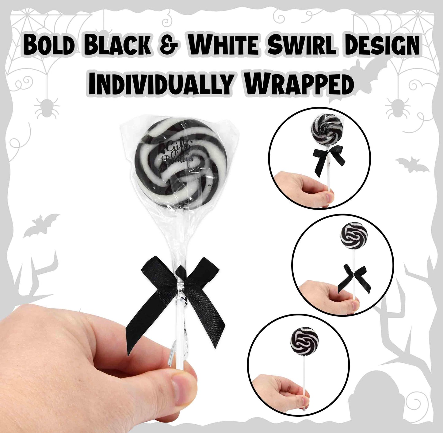 Gift Boutique 24 Black And White Swirl Lollipops – Halloween Candy Suckers For Party Favors, Trick Or Treat, Dessert Table And Holiday Events