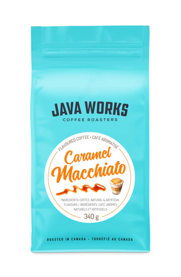 Java Works Coffee - Caramel Macchiato Flavored Coffee | 12 ounces | Medium Roast | Whole Bean | No Sugar Added