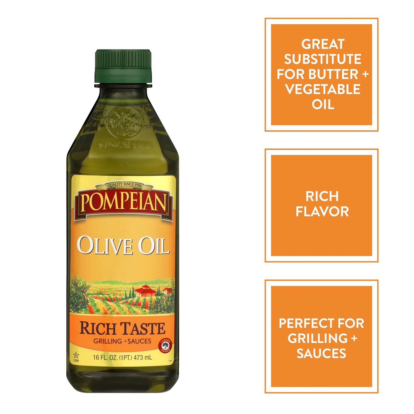 Pompeian Rich Taste Olive Oil, Rich, Full Flavor, Perfect For Grilling & Sauces, Naturally Gluten Free, Non-Allergenic, Non-Gmo, 16 Fl. Oz.