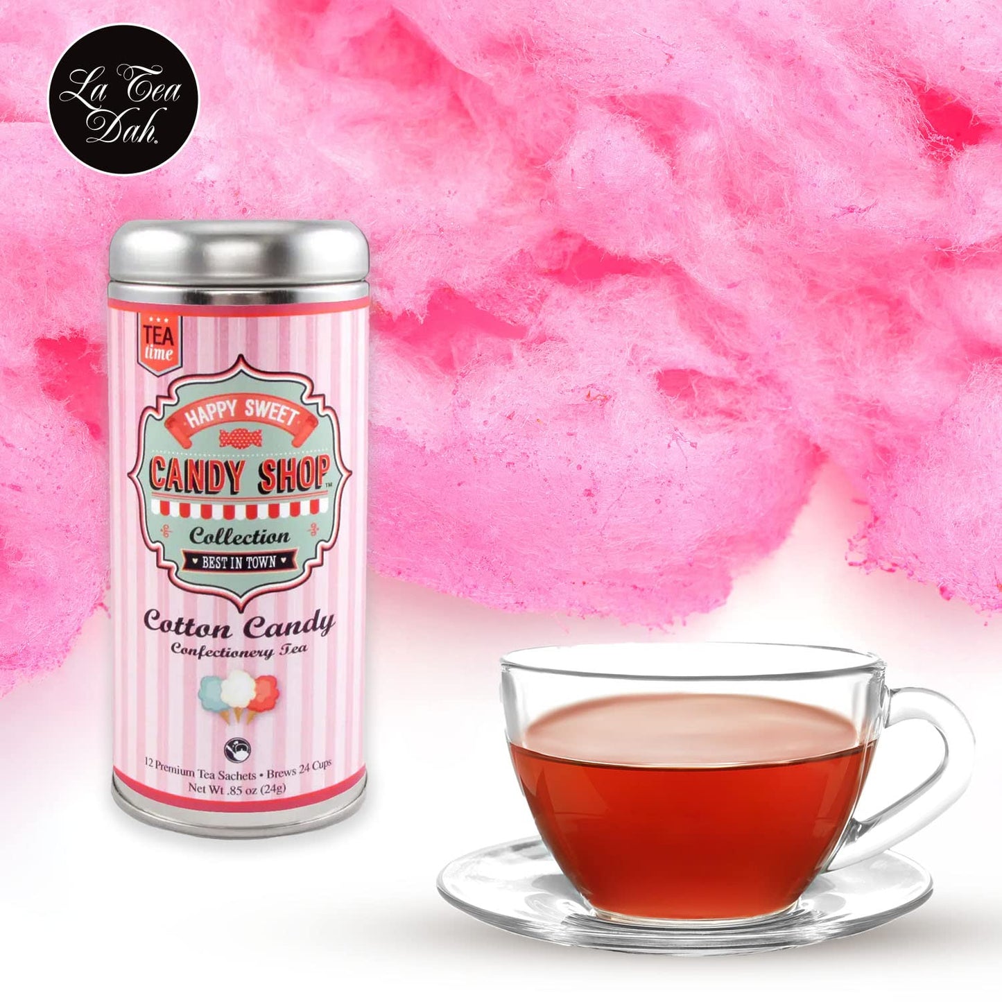 La Tea Dah Cotton Candy Tea - Lightly Caffeinated Oolong with Hibiscus, Raspberry & Apple - 12 Sachets