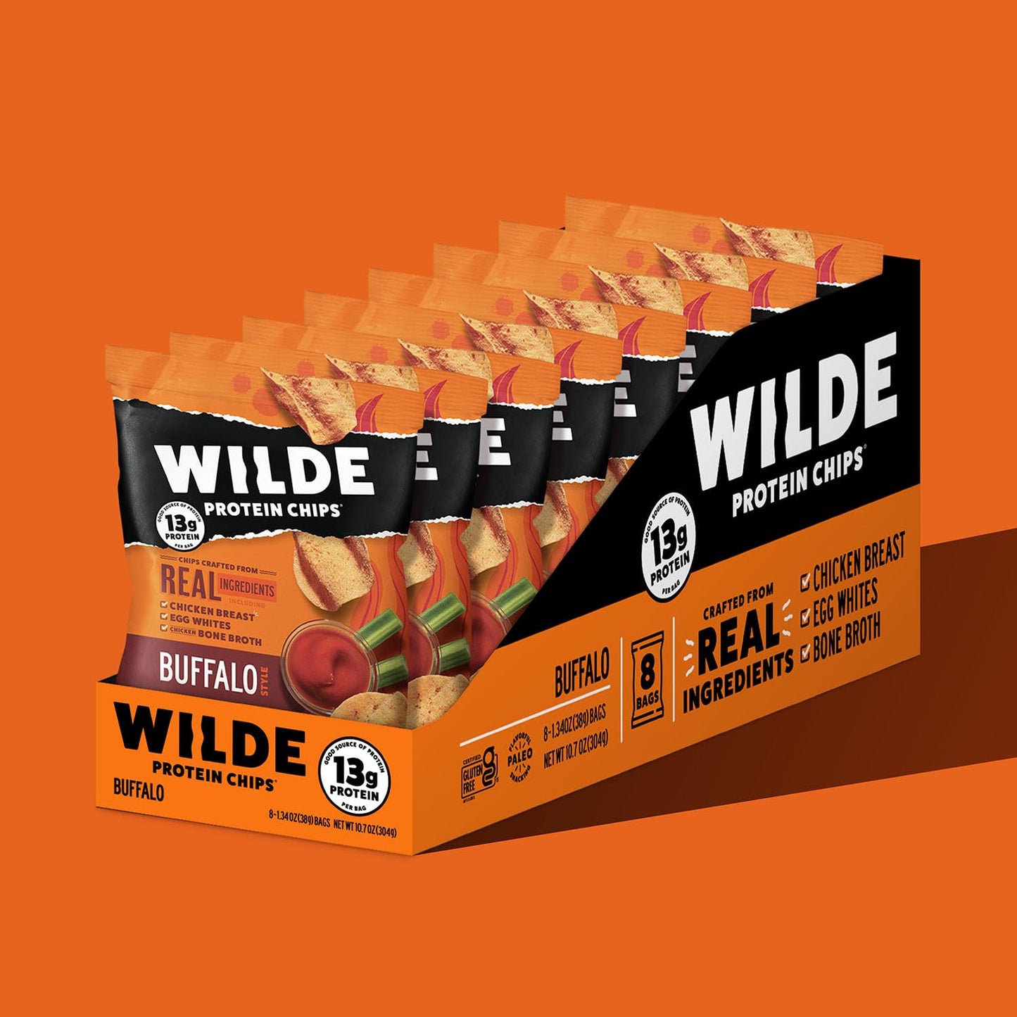 Wilde Buffalo Protein Chips, Thin And Crispy, High Protein, Keto Friendly, Made With Real Ingredients, 1.34Oz Bags (Pack Of 8)