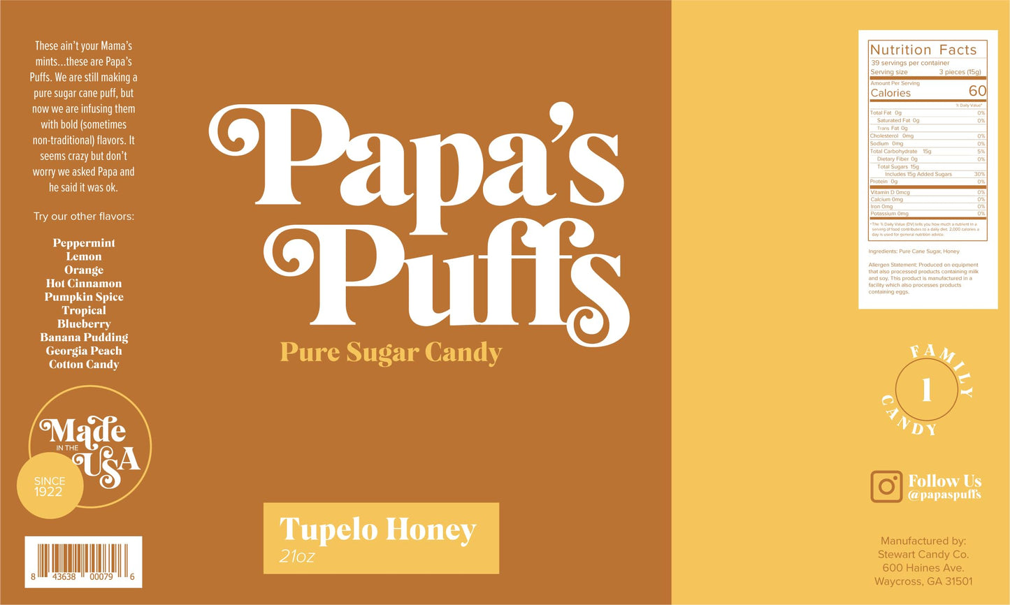 Papa'S Puffs Tupelo Honey Flavored Pure Sugar Candy - Individually Wrapped In Resealable Tub - Fat-Free, Gluten-Free, Cholestero