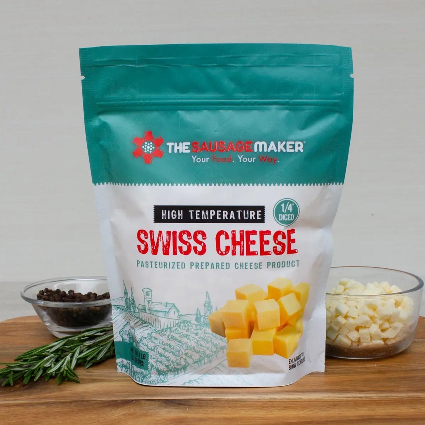 The Sausage Maker High Temp Swiss Cheese 2 lbs Diced Cubes for Sausage Making, 400°F Heat Resistant