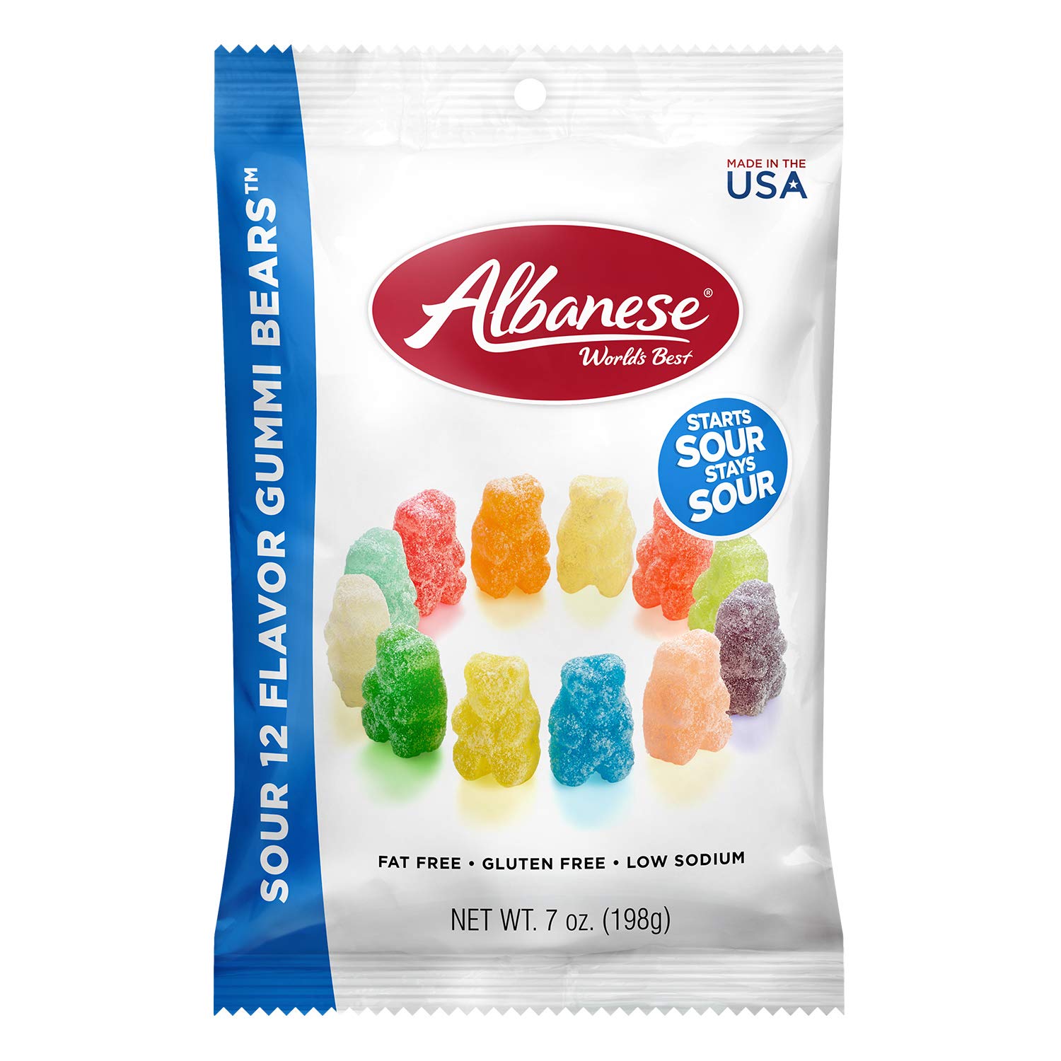 Albanese Gummi Bears, Sour 12 Flavor, 7oz Bag, Pack of 12, Orange/Blue/Lime/Pink