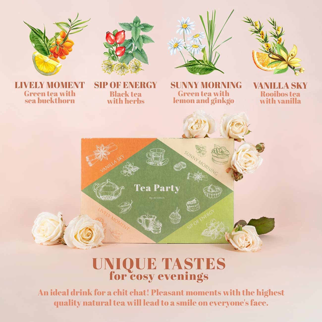 Acorus Tea Party With 4 Different Flavors | Tea Set | 40 Count Natural Rooibos, Black Tea, Green Tea Packs With Beautiful Gift B