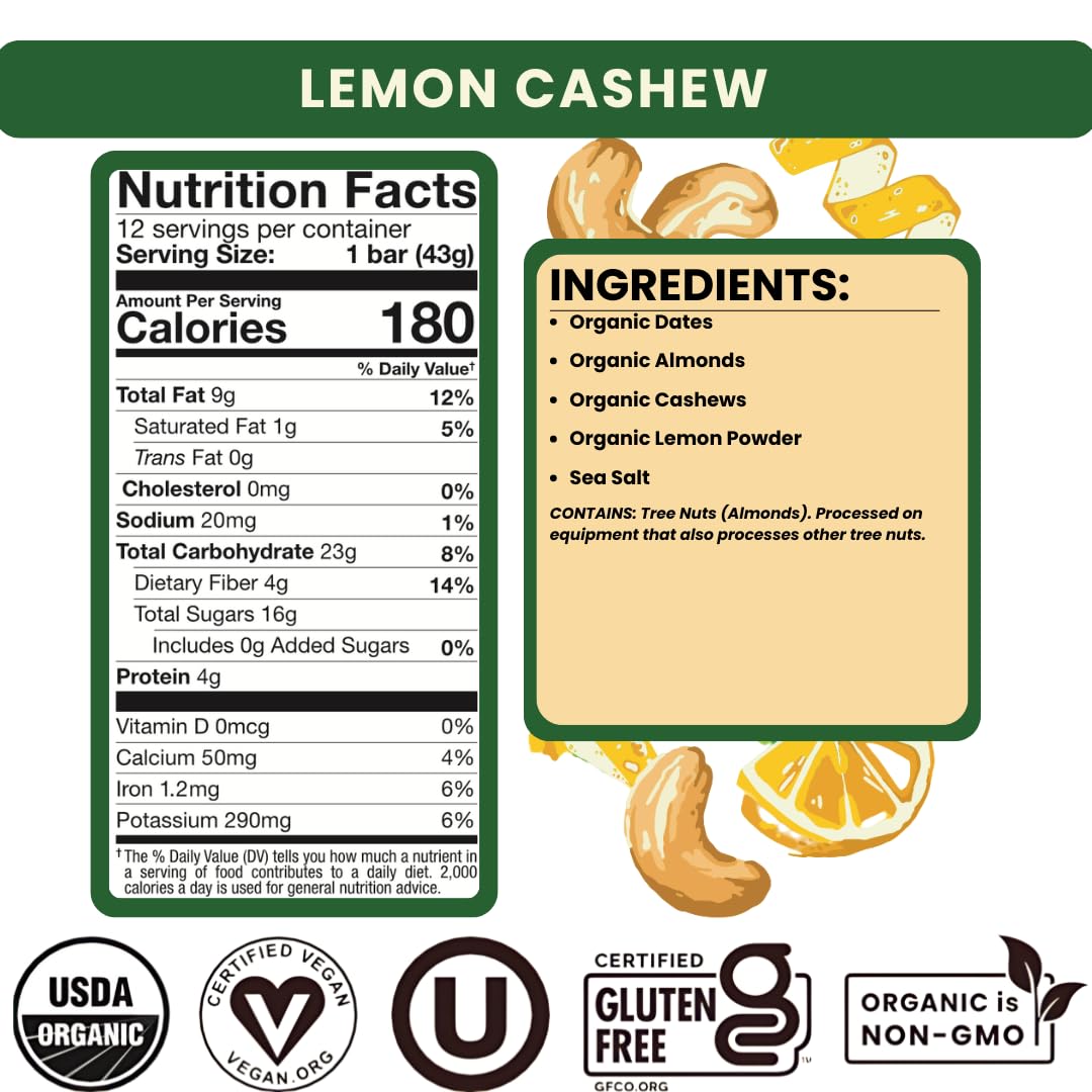 Bearded Brothers Organic Vegan Protein Energy Bars, Lemon Cashew, Gluten Free, 12 Count