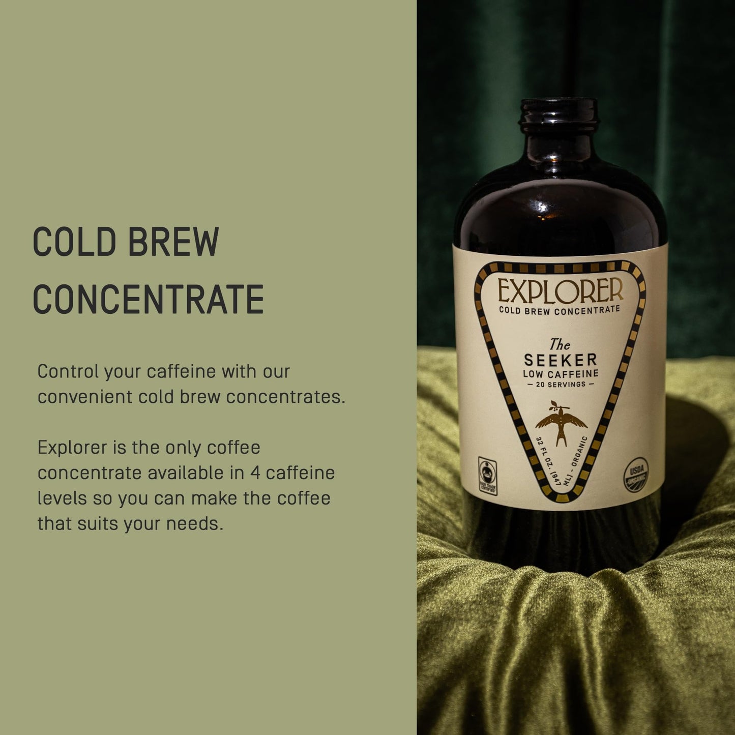 Explorer Cold Brew Coffee Concentrate - Organic Low Caffeine Instant Liquid Mix - 32 Fl Oz - Gluten Free, Iced or Hot