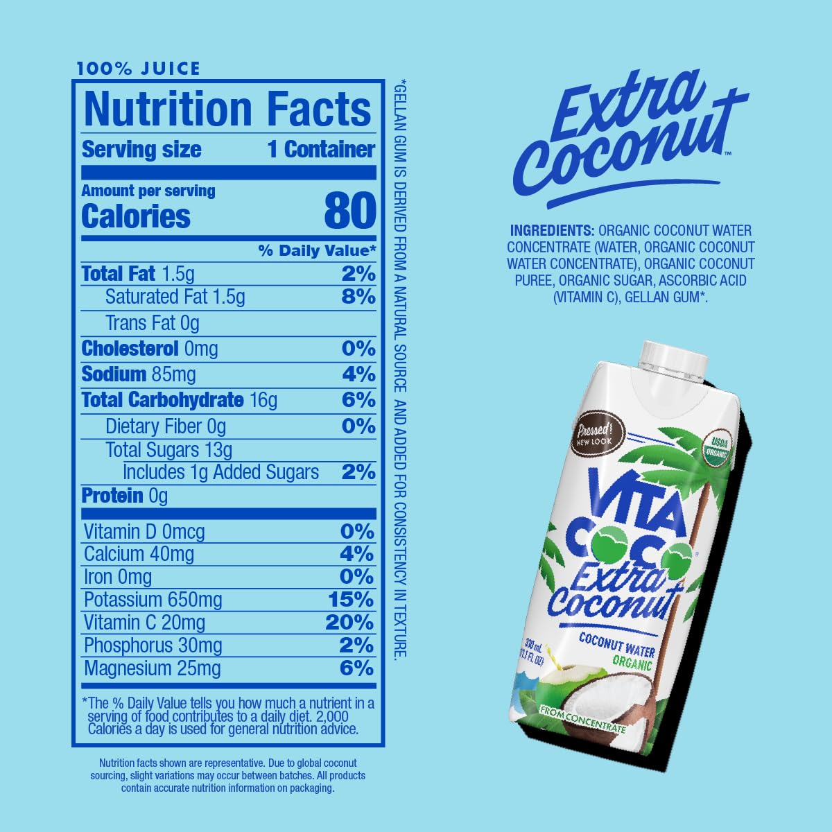Vita Coco Organic Coconut Water  Extra Coconut | More Coconutty Flavor | Hydrating Electrolytes | Vital Nutrients | 11.1 Fl Oz (Pack of 12)