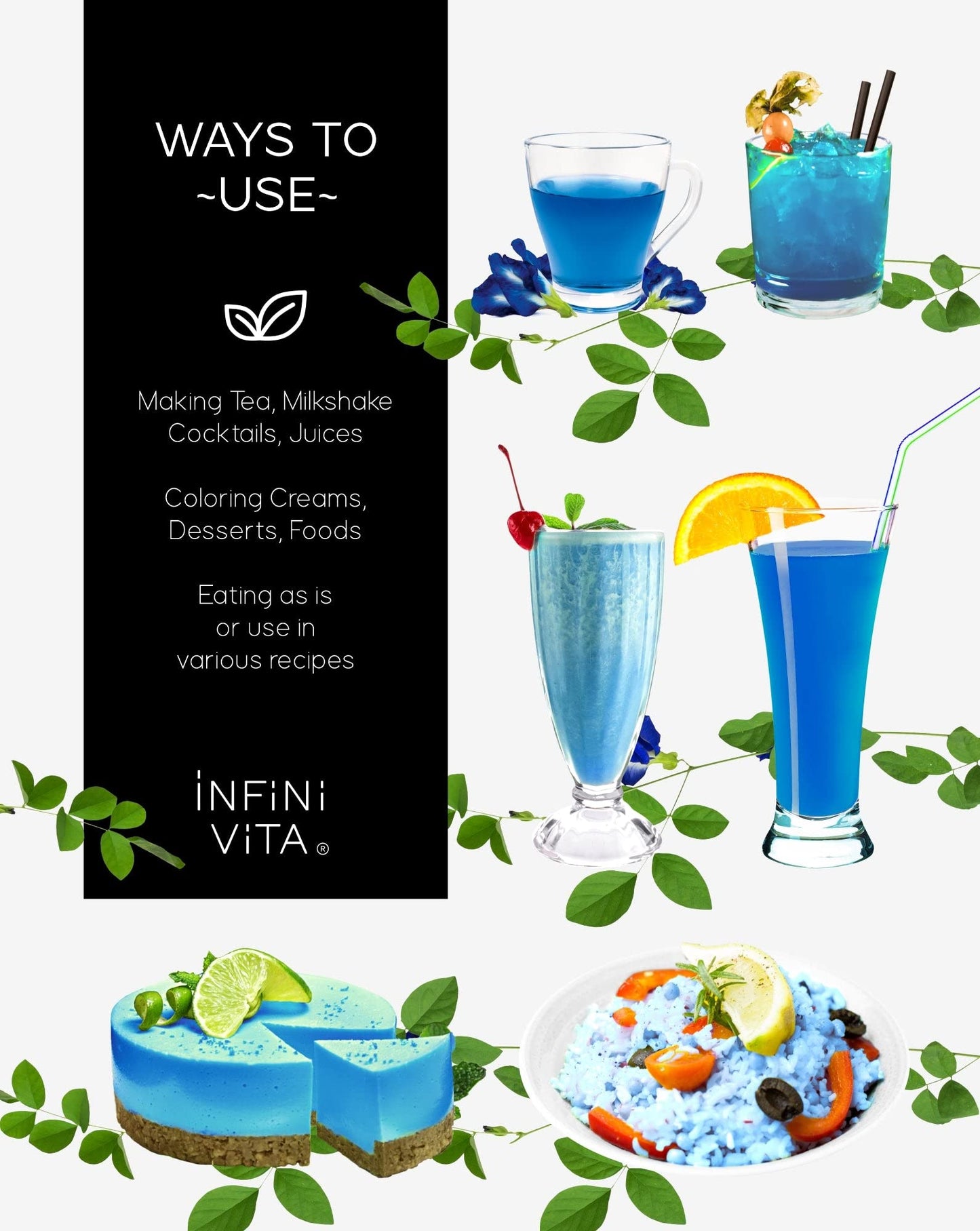 Infini Vita Dried Butterfly Pea Flower Tea 56G (2 Oz) - 100% Organic Blue Tea, Pure, Non-Gmo, Gluten Free - Natural Focus, Energ