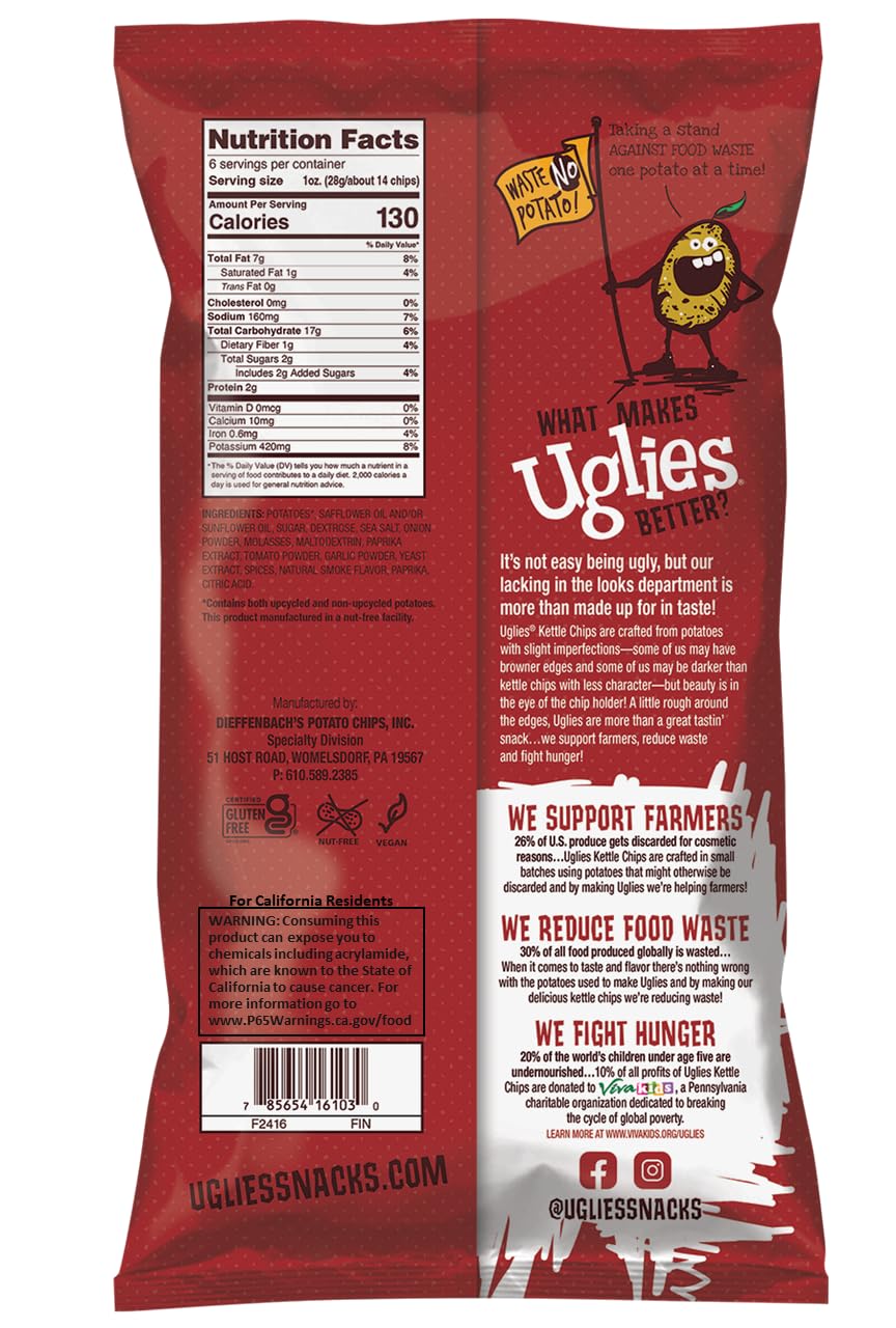 Uglies Kettle Cooked Barbecue Potato Chips - Gluten Free, Kosher, Non-GMO - 6 oz Bags (Pack of 4)