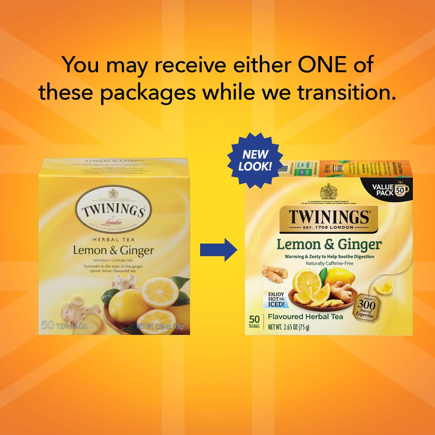 Twinings Lemon & Ginger Herbal Tea - Caffeine-Free, 50 Individually Wrapped Bags