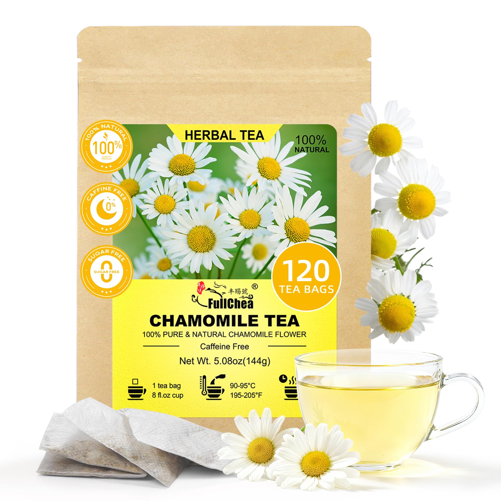 Fullchea - Chamomile Tea Bags  120 Teabags  1.2G/Bag - Pure & Natural Chamomile Flowers - Energy Blend-Free Herbal Tea For Relaxation - Support Digestion & Boost Immune System