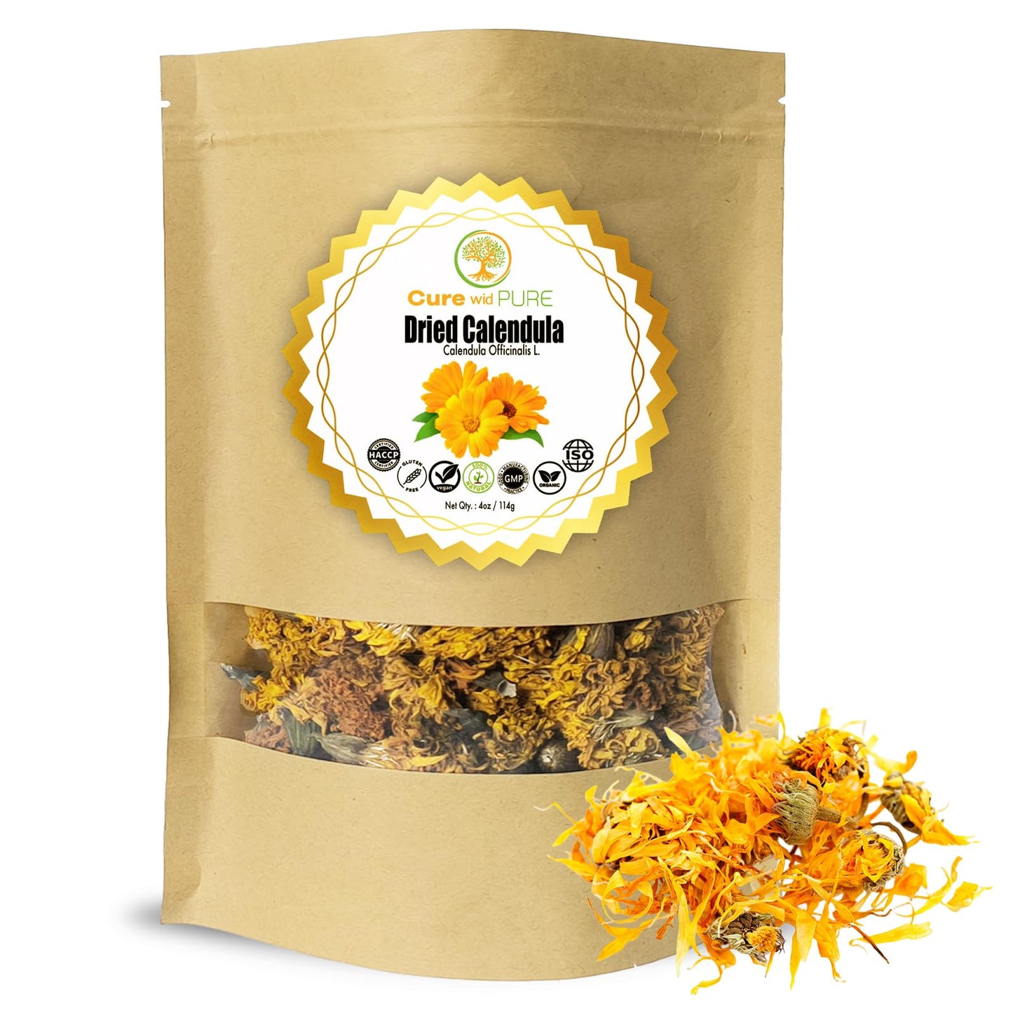 Cure Wid Pure Certified Organic Dried Calendula Flowers | 4 oz Resealable Pack Whole Organic Calendula Flowers for Skincare DIY Remedies & Herbal Tea | Vibrant Color & Aromatic Dried Marigold Flower