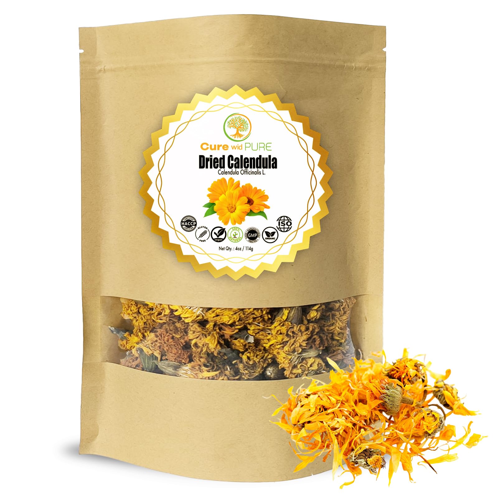 Cure Wid Pure Certified Organic Dried Calendula Flowers | 4 oz Resealable Pack Whole Organic Calendula Flowers for Skincare DIY Remedies & Herbal Tea | Vibrant Color & Aromatic Dried Marigold Flower