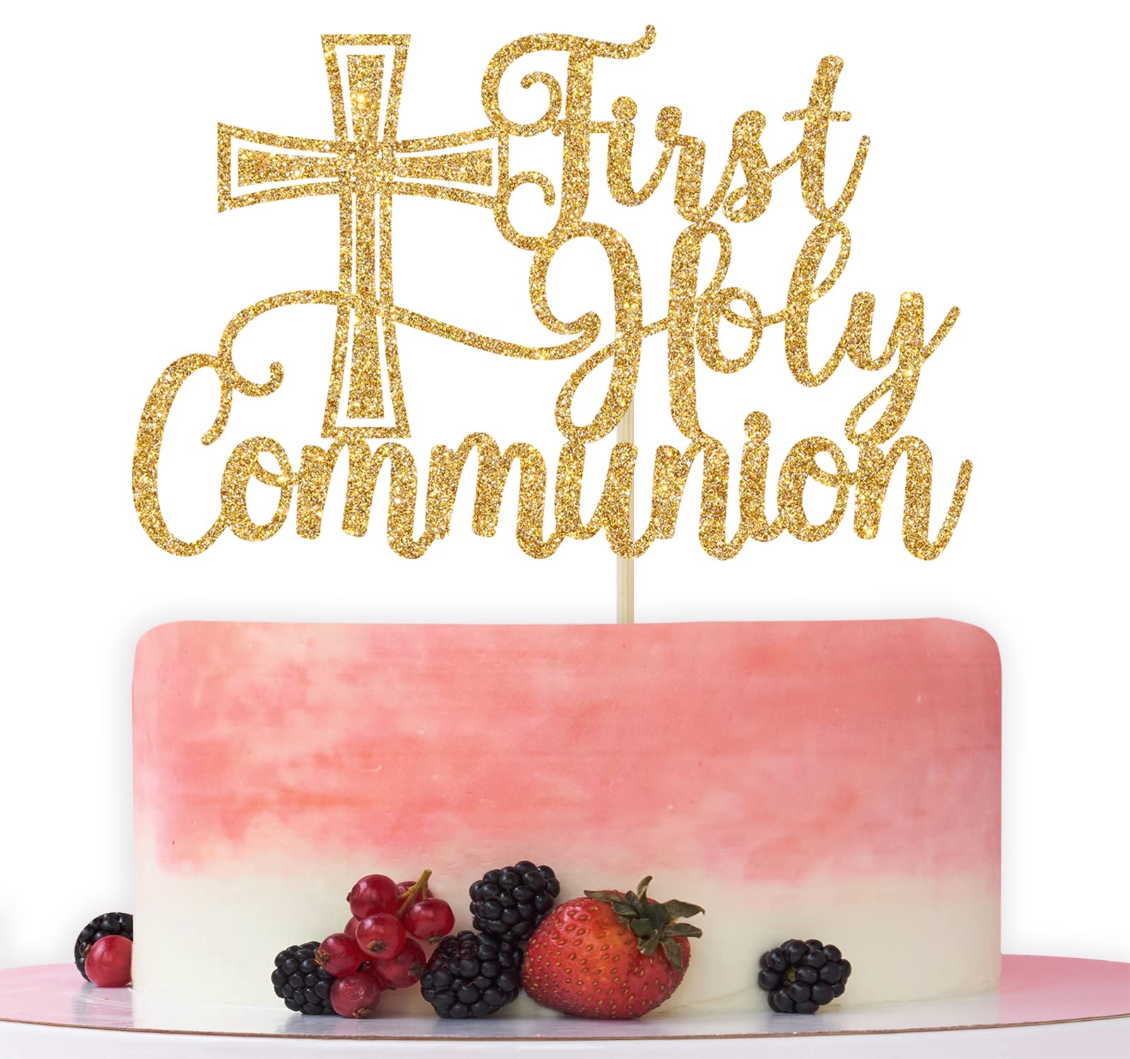 Bytorjar First Holy Communion Cake Topper, Gold Glitter, Model AA--0845, for Baptism, Christening, Baby Shower, Birthday Decorations