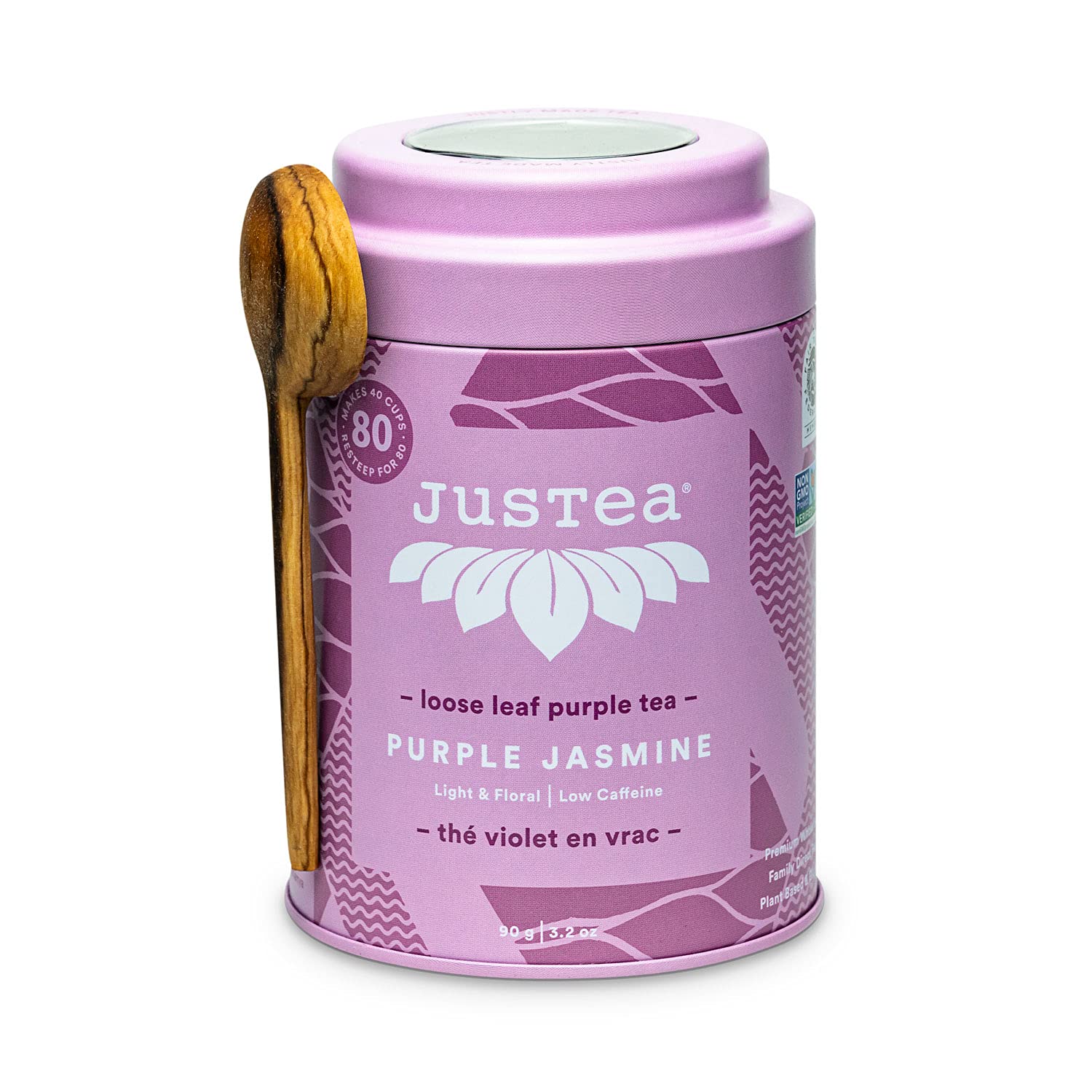 JusTea Loose Leaf Purple Tea - Purple Jasmine, 3.2oz, Low Caffeine, Fair Trade, Non-GMO, Includes Hand Carved Spoon