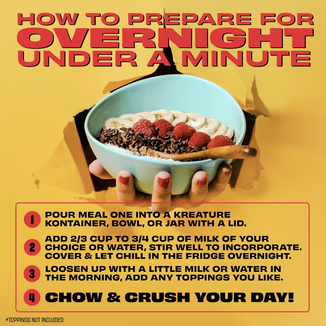 Kreatures Of Habit Meal One | Overnight & Instant Superfood Protein Meal Replacement | Gluten Free, Dairy Free, 30G Of Plant Based Protein, With No Added Sugar | Strawberry Walnut Cream | Pack Of 7