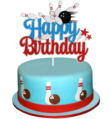 Bowling Happy Birthday Cake Topper - Sports Bowling Party Glitter Cake Topper For Boys - Game Day Party Bowling Alley Decoration