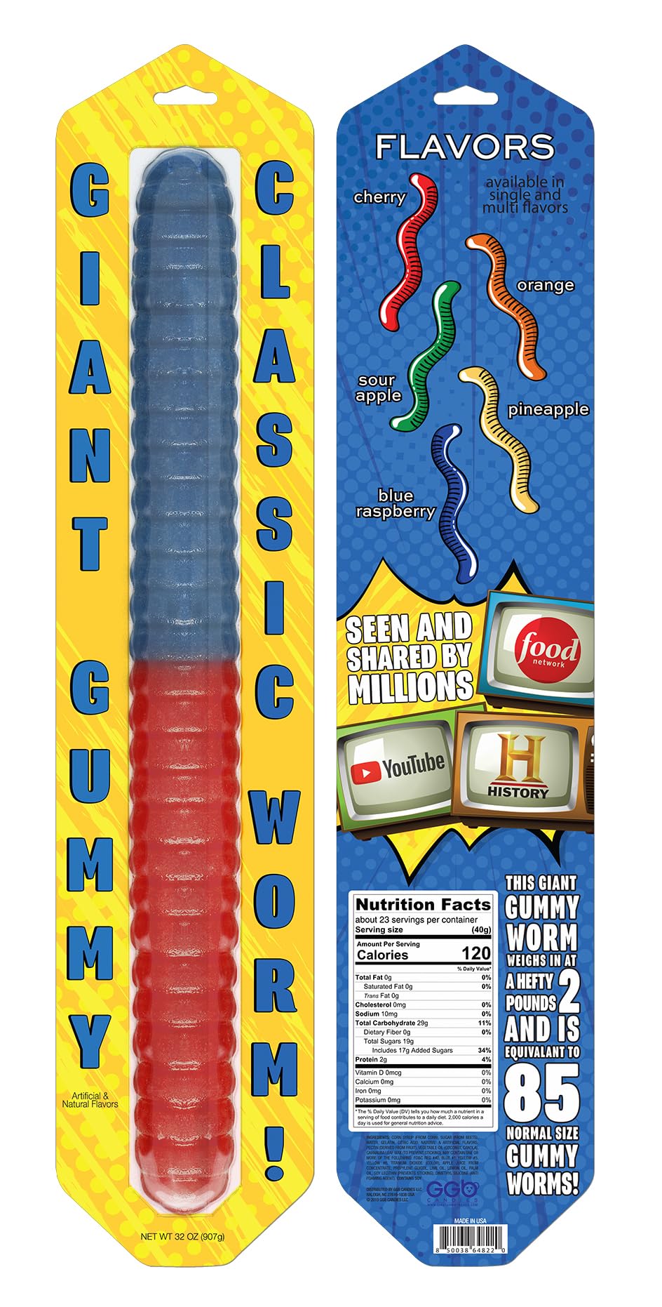 Giant Gummy Worm - Large 2 Pound Gummy Candy With Big Fruity Flavor From Ggb Candies (Cherry/Blue Raspberry)