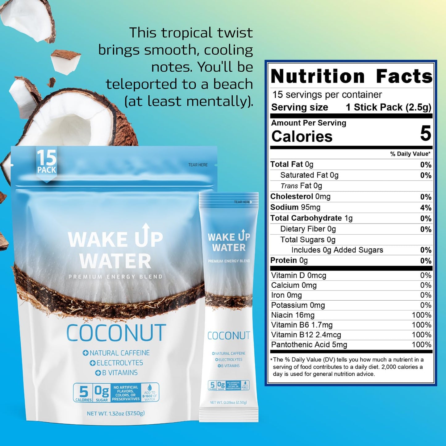 Wake Up Water Energy + Hydration Mix, Coconut Flavor, 15 Count Pack, No Sugar, Natural Caffeine, Electrolytes, B Vitamins