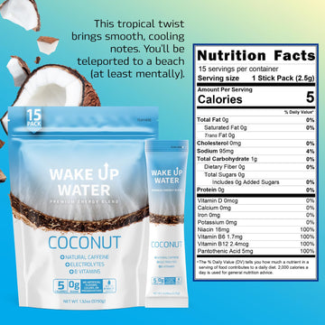 Wake Up Water Energy + Hydration Mix, Coconut Flavor, 15 Count Pack, No Sugar, Natural Caffeine, Electrolytes, B Vitamins