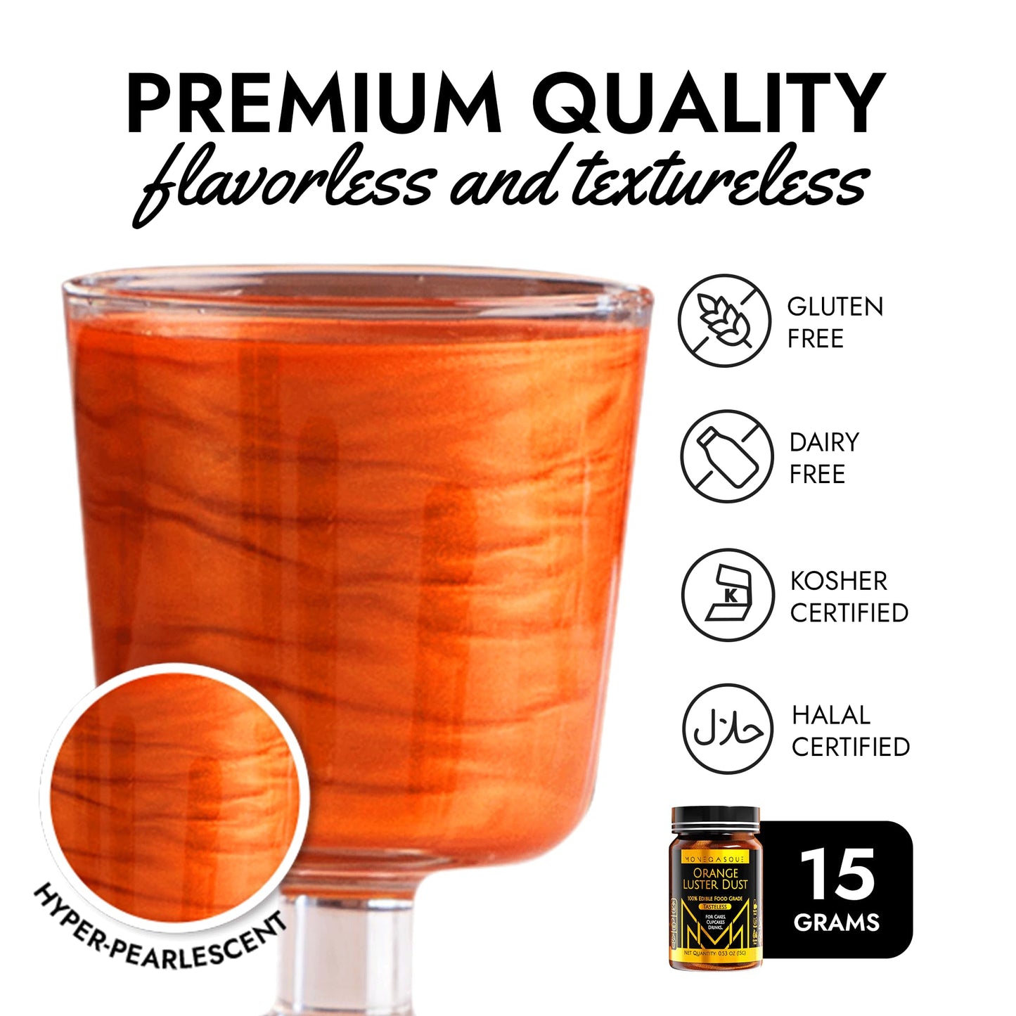 Mon  Gasque Orange Luster Dust Edible Glitter For Cocktails 15G - Vegan Orange Edible Glitter - Halloween Cake Glitter - Edible