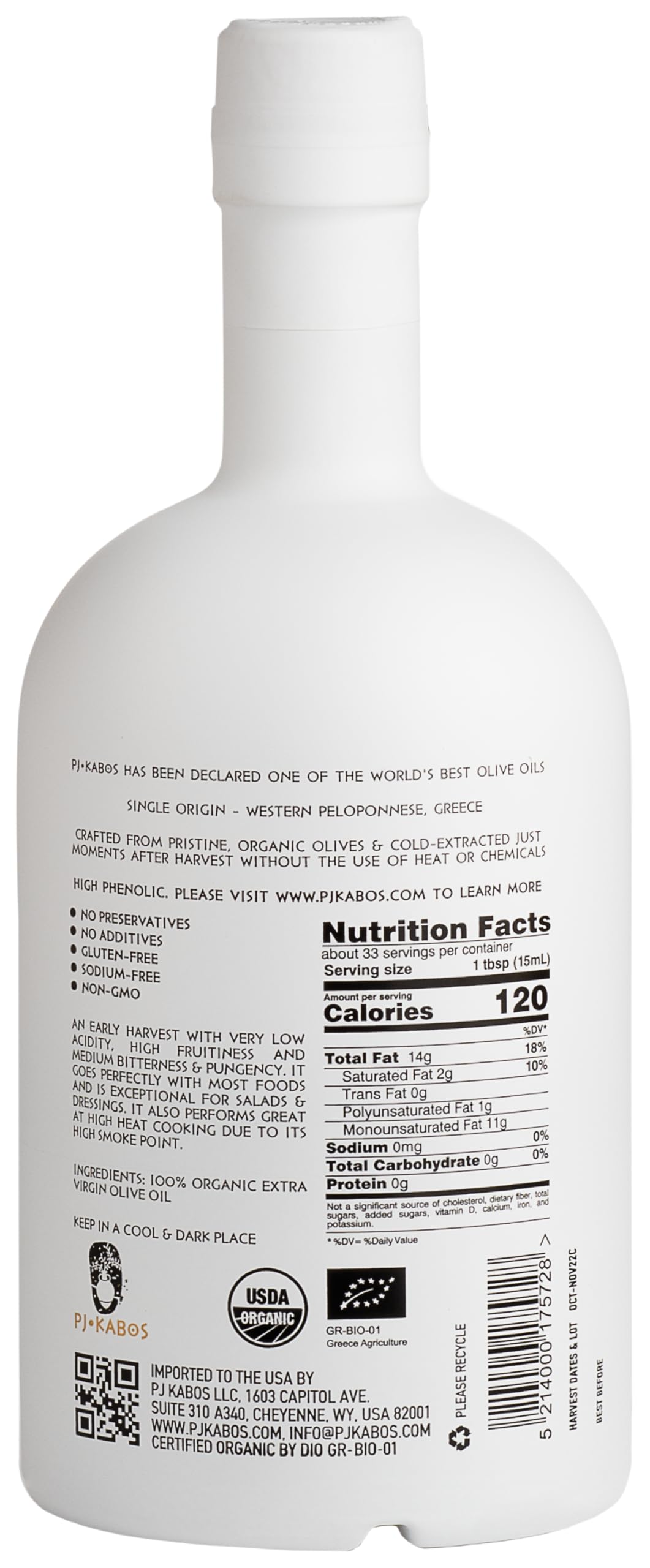 P.J. KABOS 2024 Gold Award Winner  High Phenolic (448mg/kg)  USDA Organic Greek Extra Virgin Olive Oil  Medium Intensity  Cold Extracted  16.9 oz  Koroneiki  Family Reserve Organic -Medium