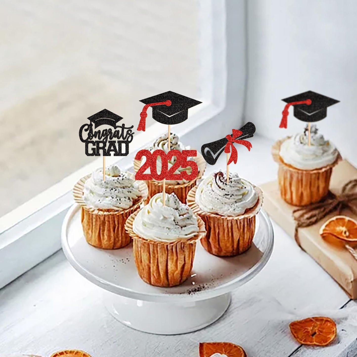 Keaziu 24 Pack Graduation Cupcake Toppers Class of 2025 Congrat Red Party Supplies