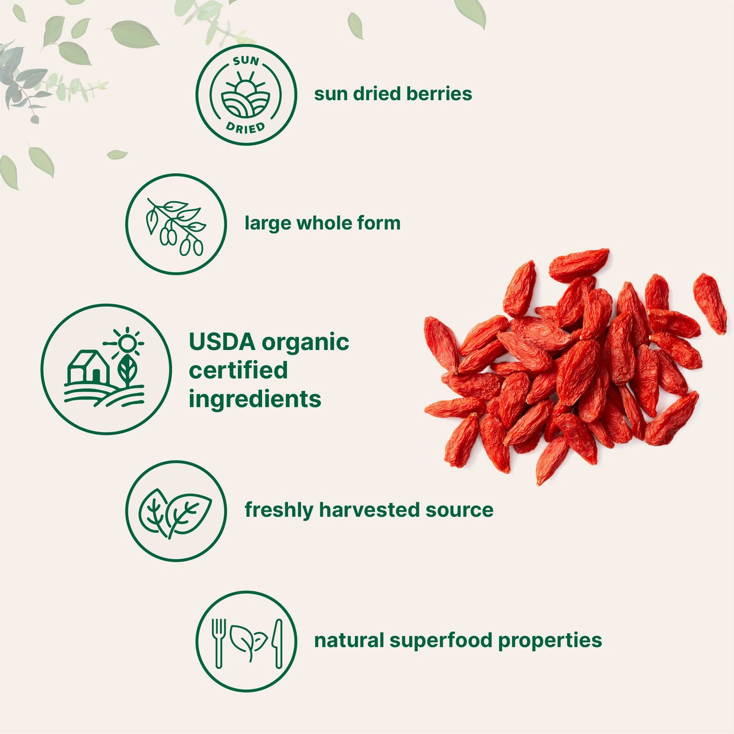 Organic Goji Berries, 32 Ounces | 100% Natural Sun-Dried Whole Fruit | Sulfate & Additive Free | Large Berry Form, Great Flavor For Drinks, Snacks, & Beverages | Non-Gmo & Vegan