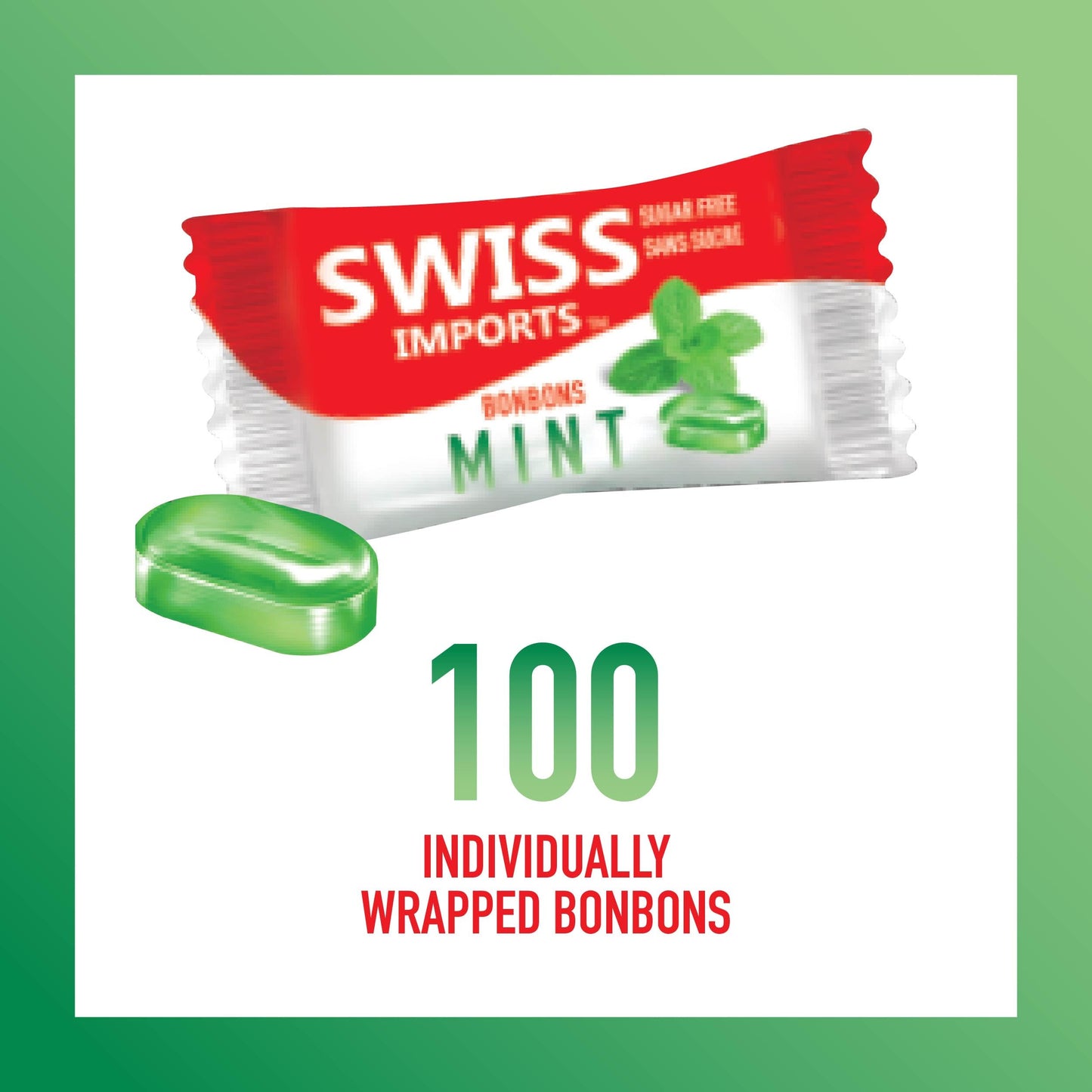 Swiss Imports Sugar Free Bonbons Hard Candy Drops, Mint, 100 Individually Wrapped Pieces, 250G/8.8Oz
