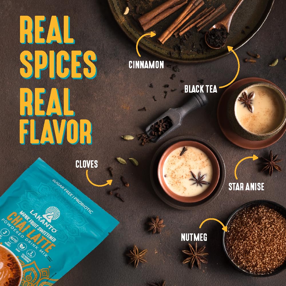 Lakanto Sugar Free Chai Latte Drink Mix - Monk Fruit Sweetened, Cold Or Hot Chai Tea, Vegan, Probiotics, Rich Flavor, Chai Spice