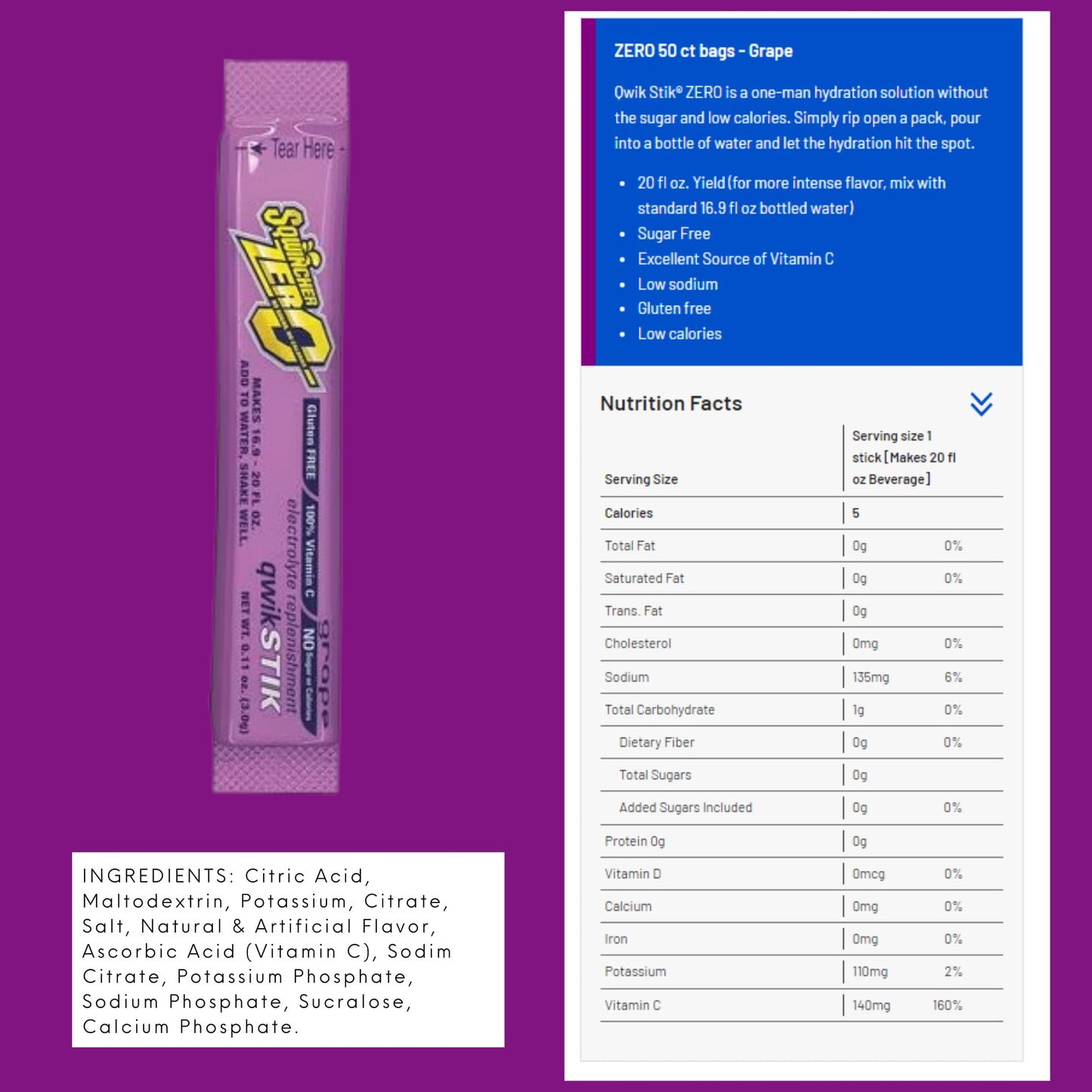 Sqwincher Zero Qwik Stik - Sugar Free Electrolyte Powdered Beverage Mix, 50 Count Bag, 2 Pack (100 Sticks Total) (Grape)