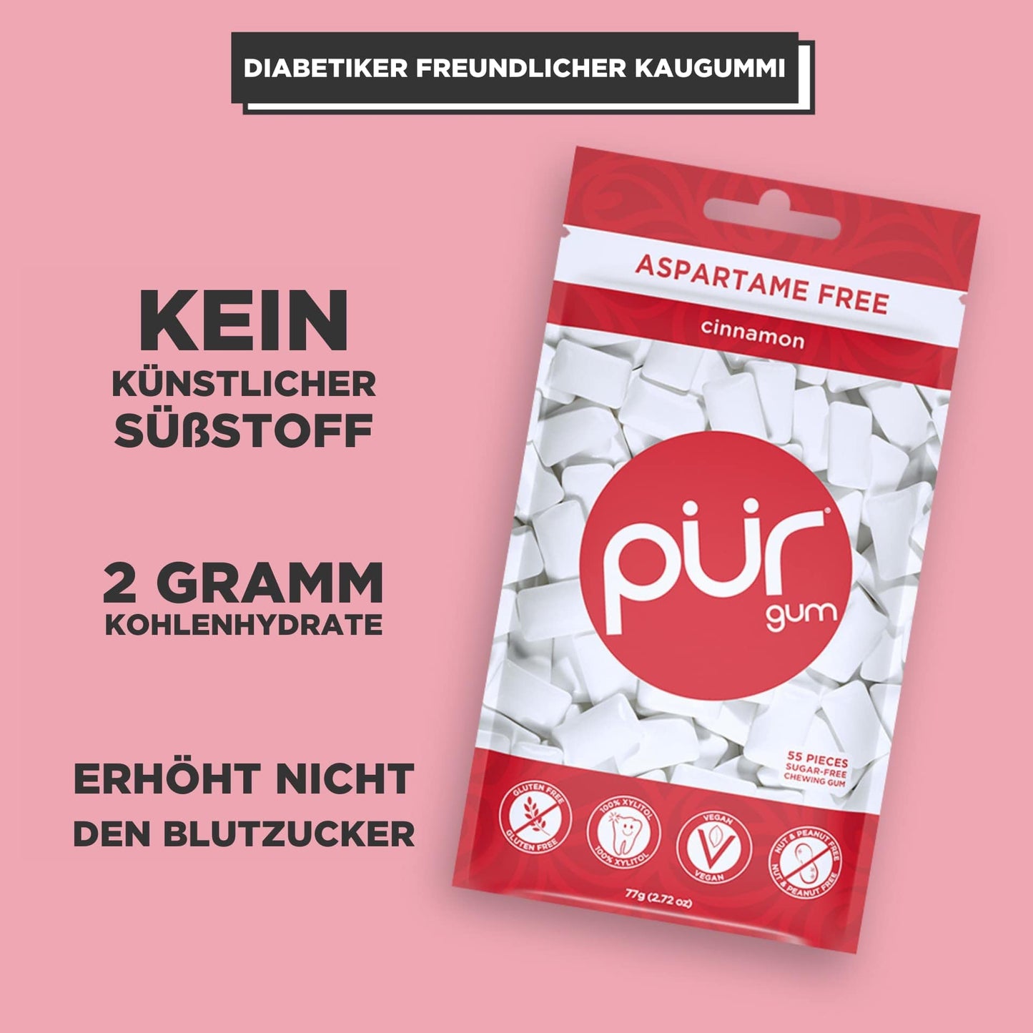 Pur Gum Cinnamon Gum, 80 Gram - 57 Pieces Per Pack - 12 Packs Per Case.