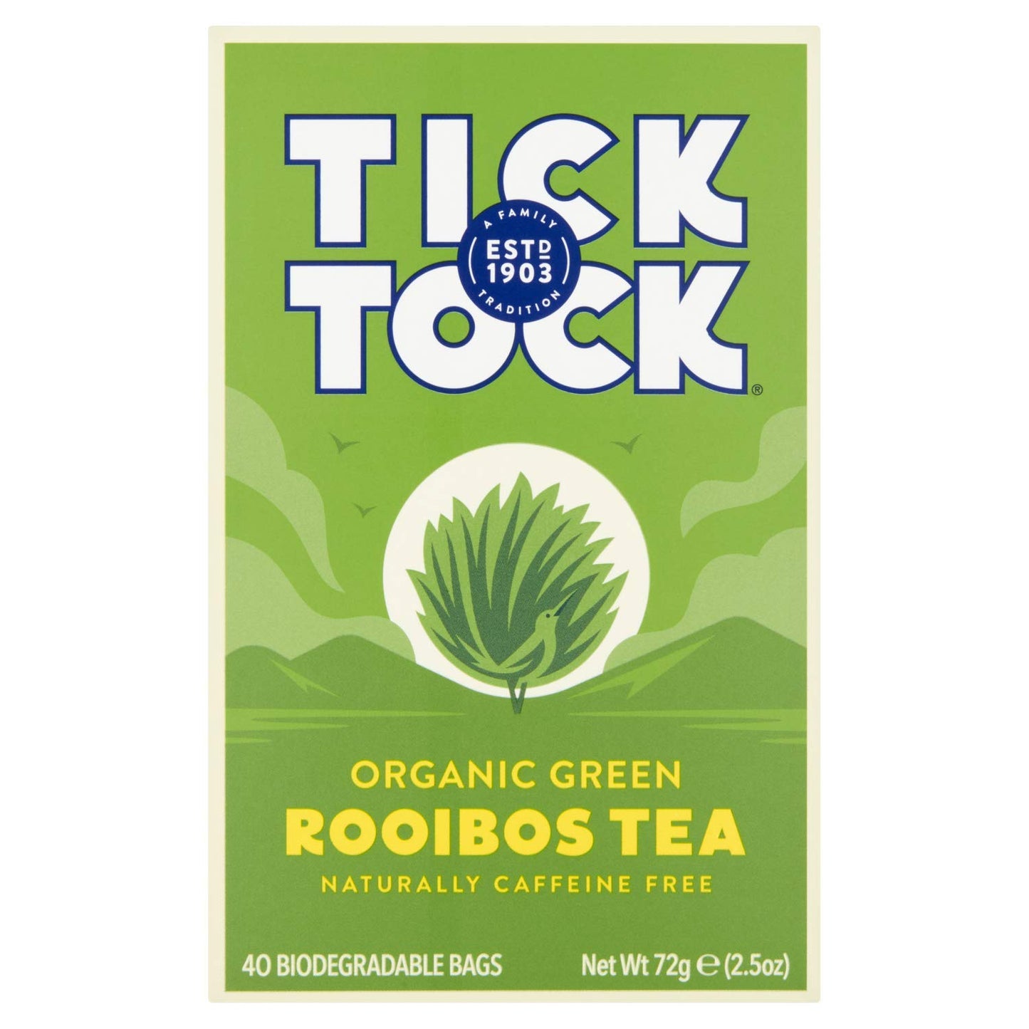 Tick Tock Organic Rooibos Green Tea, Naturally Caffeine Free, 40 Count, 2.5 Oz