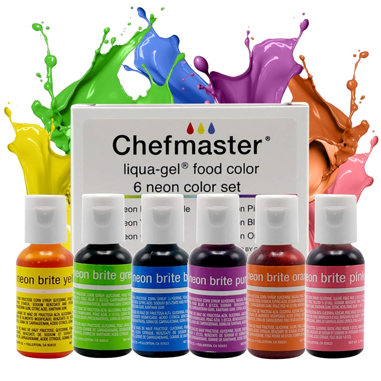 Chefmaster - Neon Liqua-Gel Food Coloring - Fade Resistant - 6 Pack of 20ml Bottles - Stunning Vivid Colors with Lightweight and