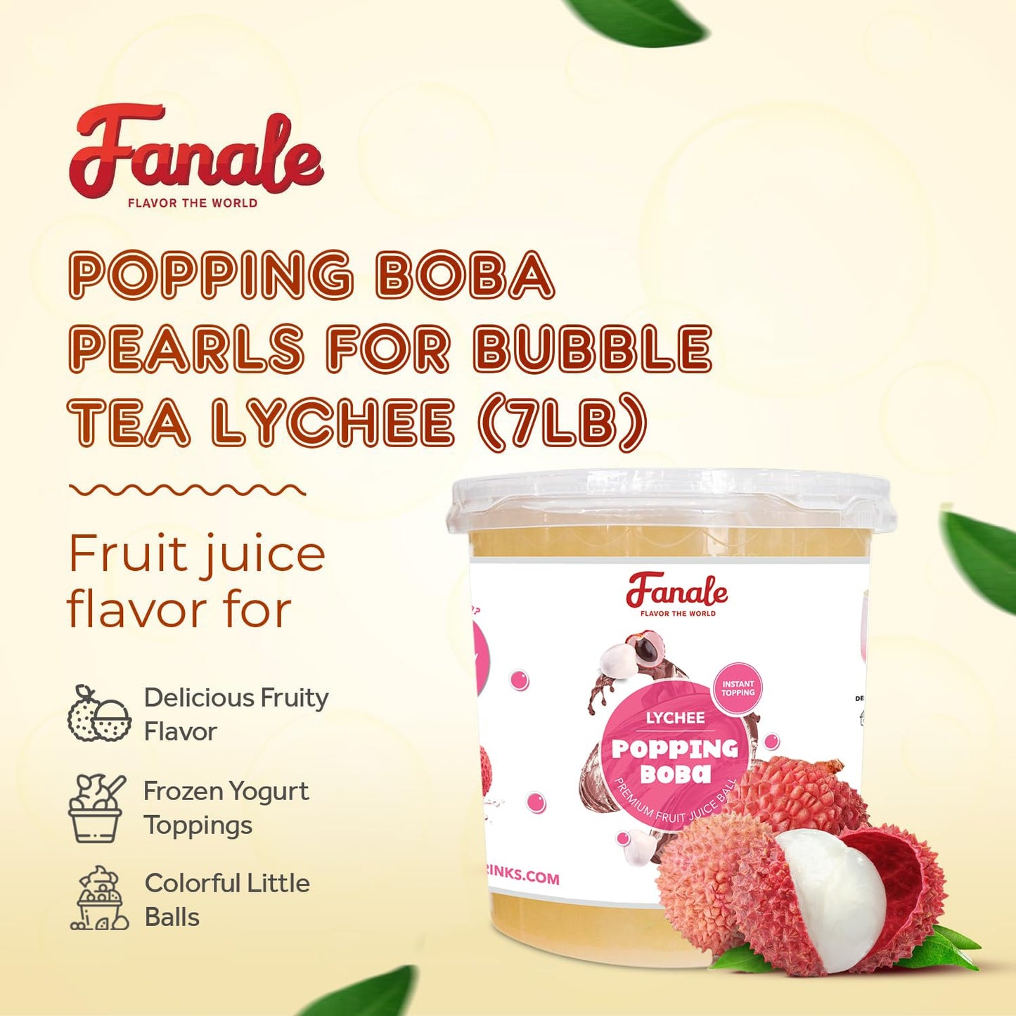 Fanale Lychee Popping Boba Pearls, Vegan, Non Gmo, Gluten Free, Fat Free, Perfect For Bubble Tea, Smoothies, Ice Cream, Desserts