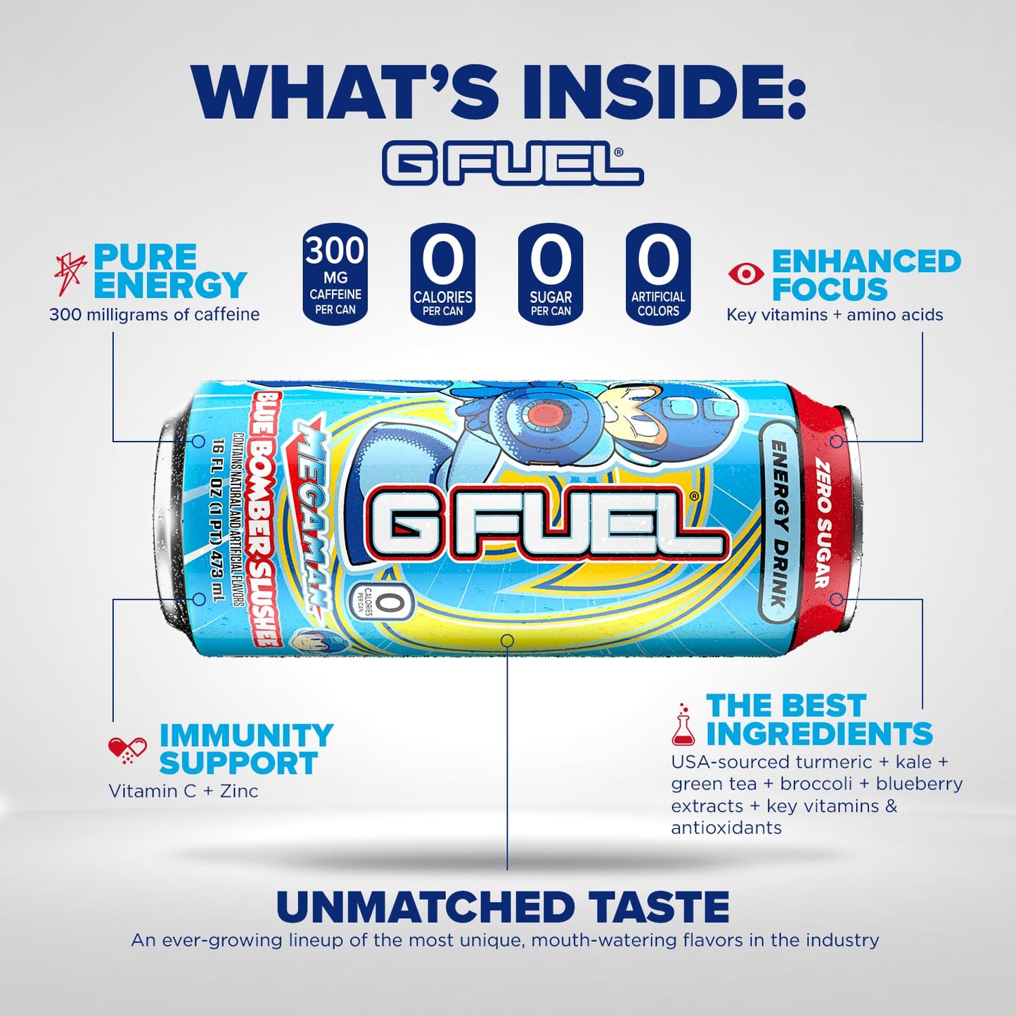 G Fuel Energy Drink, Blue Raspberry, Sugar Free, 300mg Caffeine, 16 oz Cans, 12-Pack