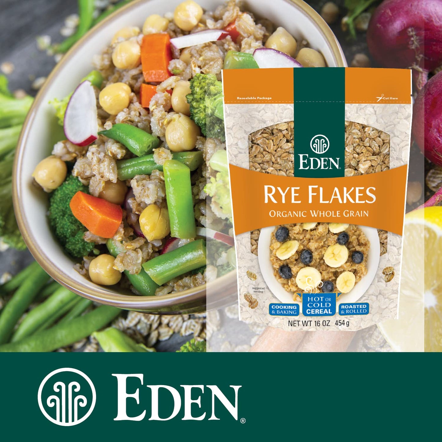 Eden Organic Rye Flakes, 16 oz, Toasted and Rolled, 100% Whole Grain, Cereal, Hot or Cold