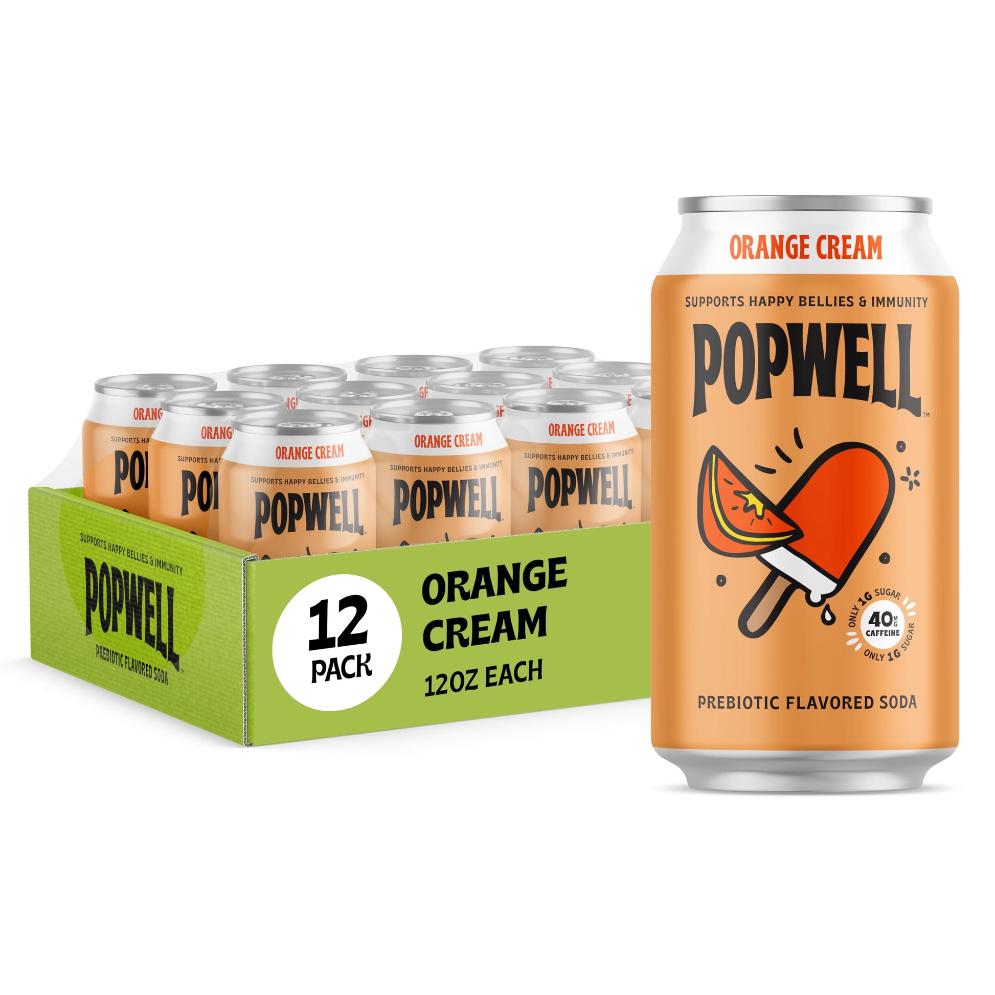 Popwell Prebiotic Soda, Orange Cream, 12 Fl Oz Cans, Pack of 12, 6g Fiber, 1g Sugar, Vitamins, Immunity Support