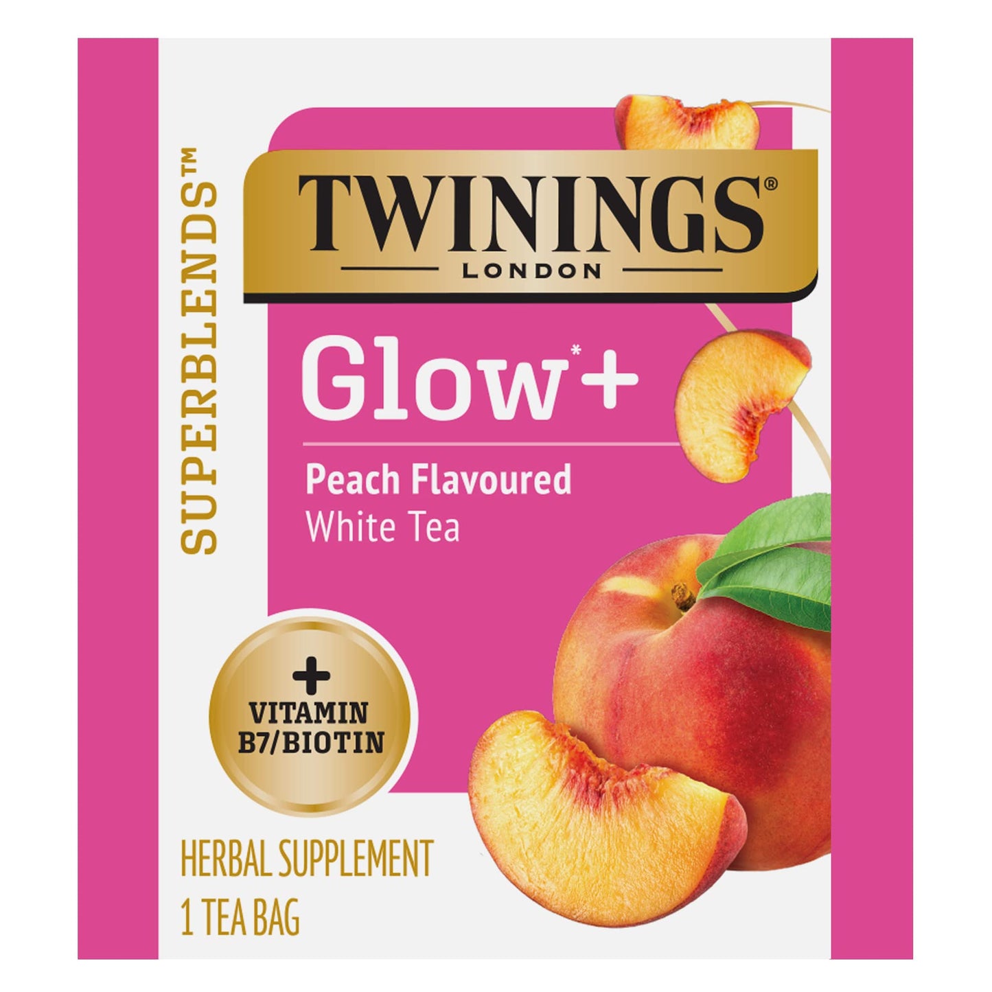 Twinings Superblends Glow+ Vitamin B7 Biotin Peach Flavoured White Tea, 16 Tea Bags (Pack Of 6), Enjoy Hot Or Iced