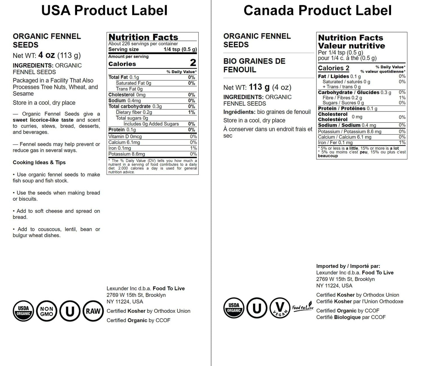 Food to Live Organic Fennel Seeds - Non-GMO, Vegan, Kosher, 4 Ounces