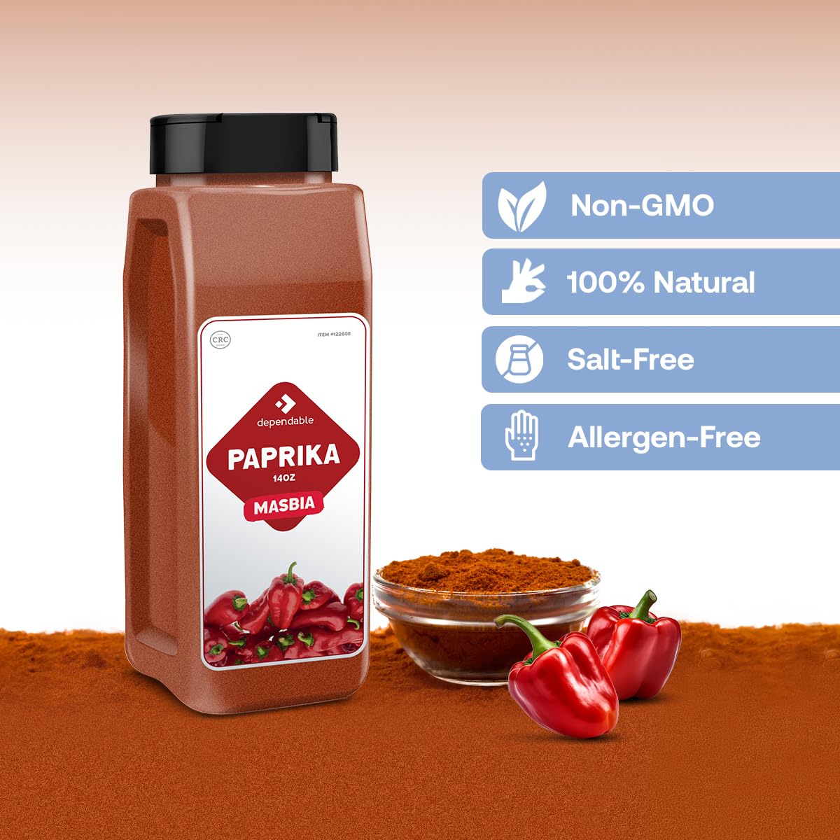 Dependable Foods Paprika Spice - 14 Oz. Jar - 100% Natural, Non-Gmo, No Additives, Salt-Free Seasoning | Easy Dispensing Lid, Ko