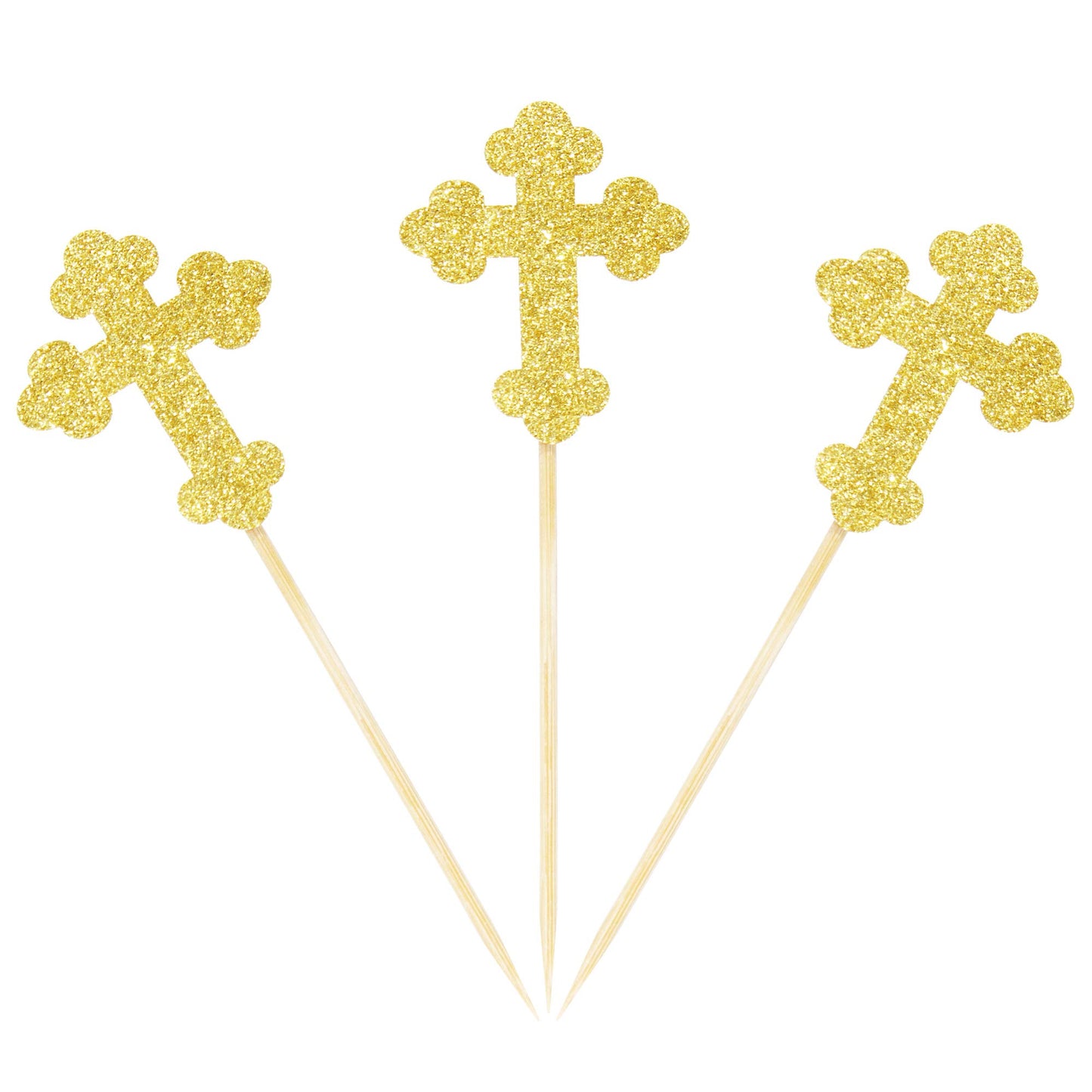 Ercadio Cupcake Toppers Gold Glitter 24 Pack for Baby Baptism Party Decorations, Small, Paper