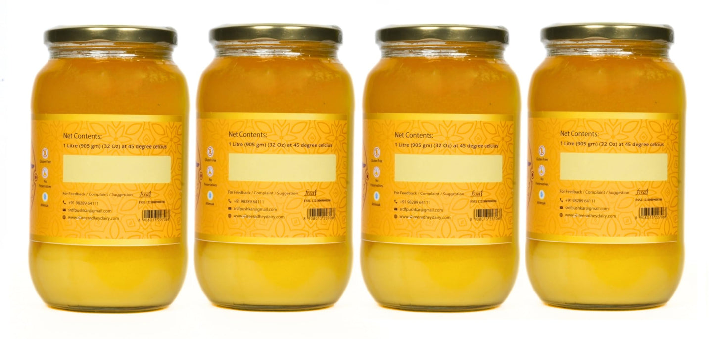 SWARNAMRIT A2 Desi Gir Cow Ghee Vedic Bilona Method Glass Jar Packaging (1 Litre X 4)